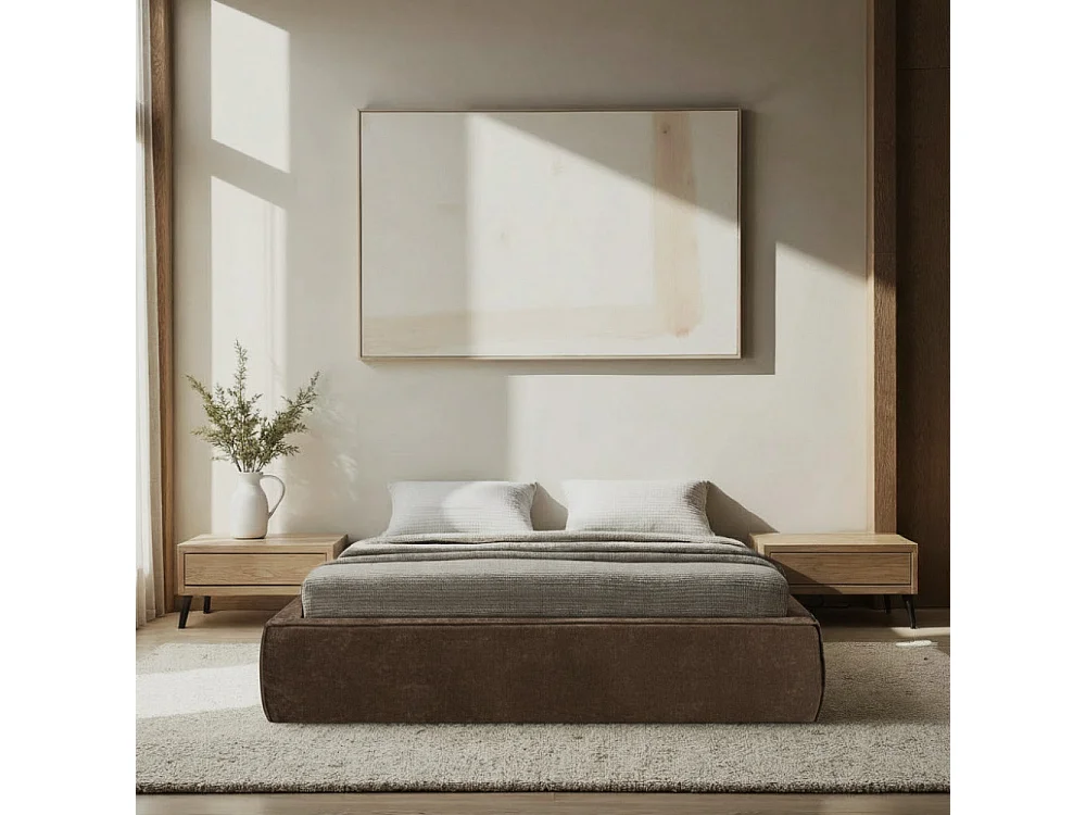 Liberio - Lit coffre en tissu 160x200cm - Marron