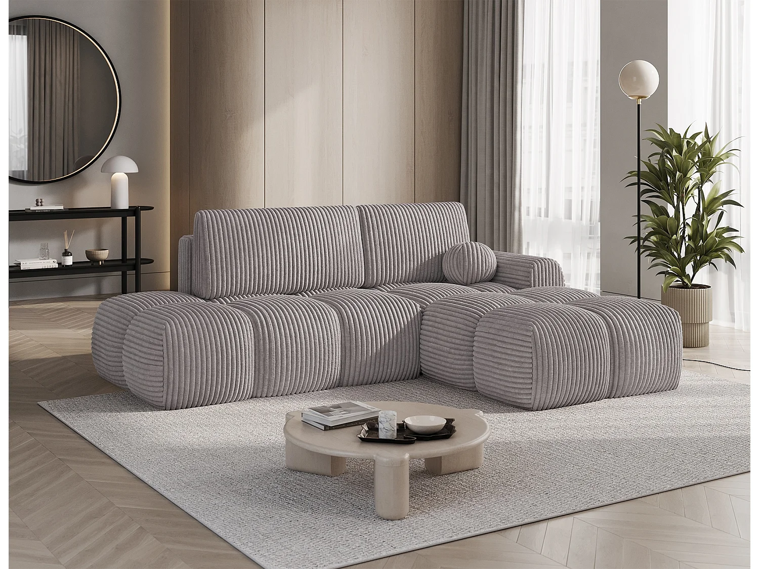Canapé d’angle convertible 3 places BINUTO en tissu avec coffre de rangement – 227cm-Gris-angle droit