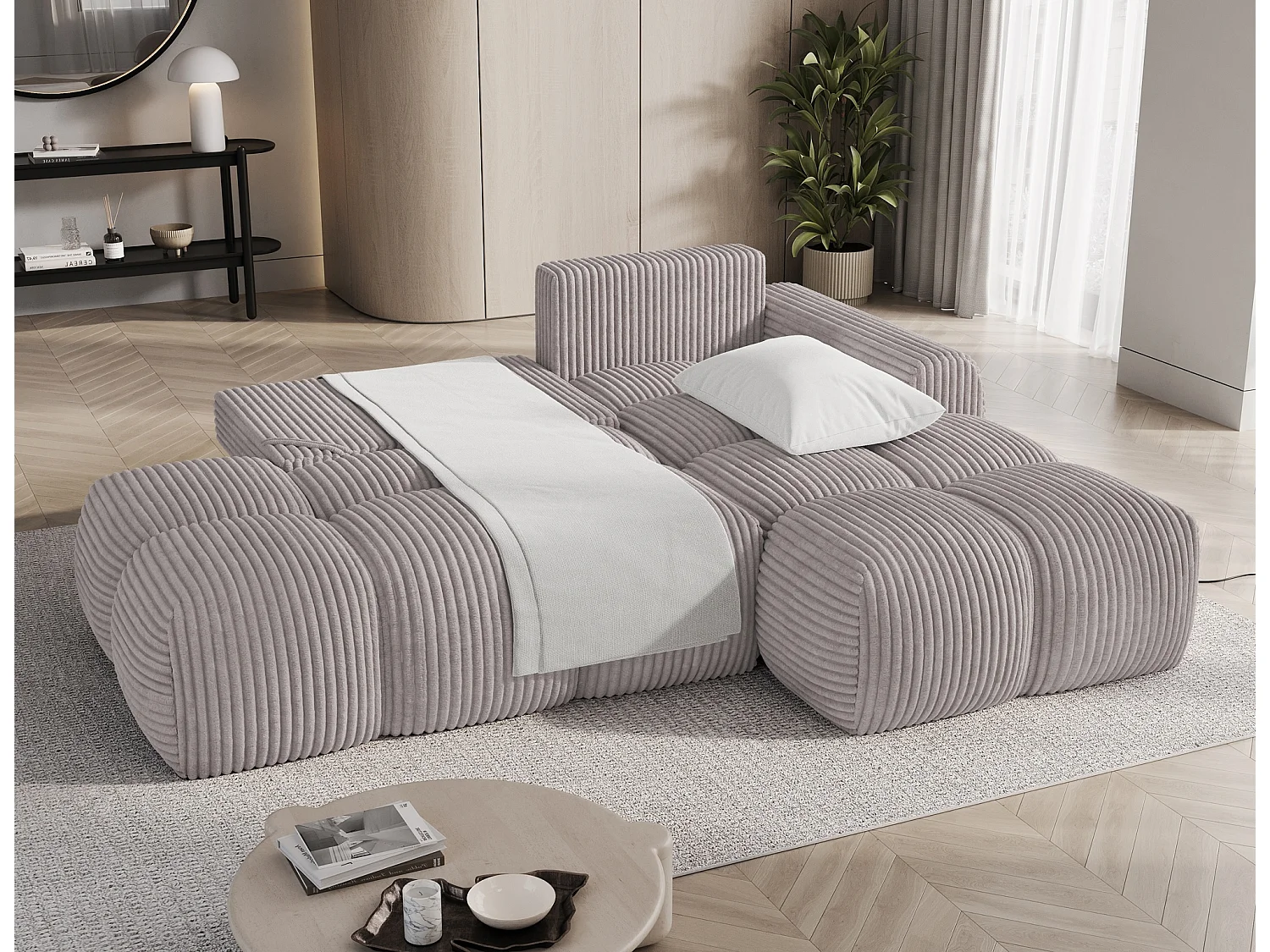 Canapé d’angle convertible 3 places BINUTO en tissu avec coffre de rangement – 227cm-Gris-angle droit