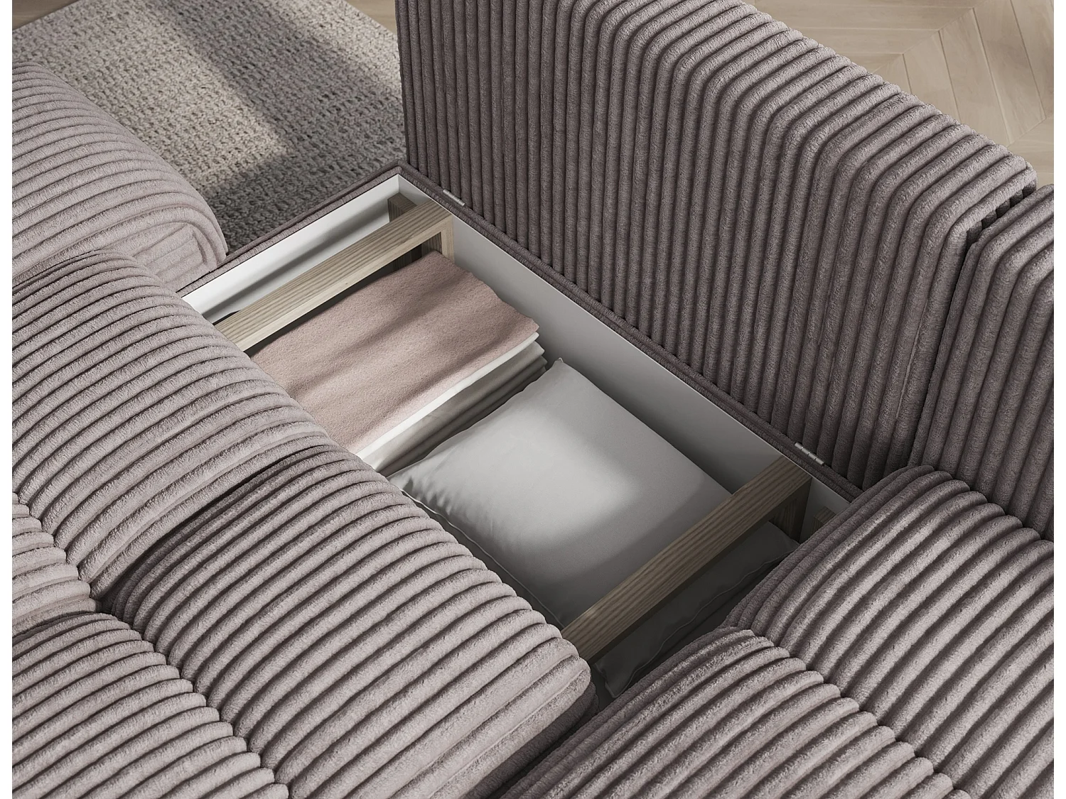 Canapé d’angle convertible 3 places BINUTO en tissu avec coffre de rangement – 227cm-Gris-angle droit