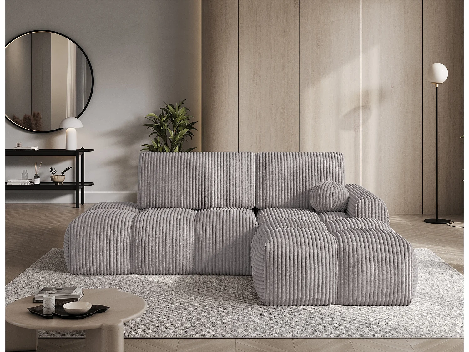 Canapé d’angle convertible 3 places BINUTO en tissu avec coffre de rangement – 227cm-Gris-angle droit