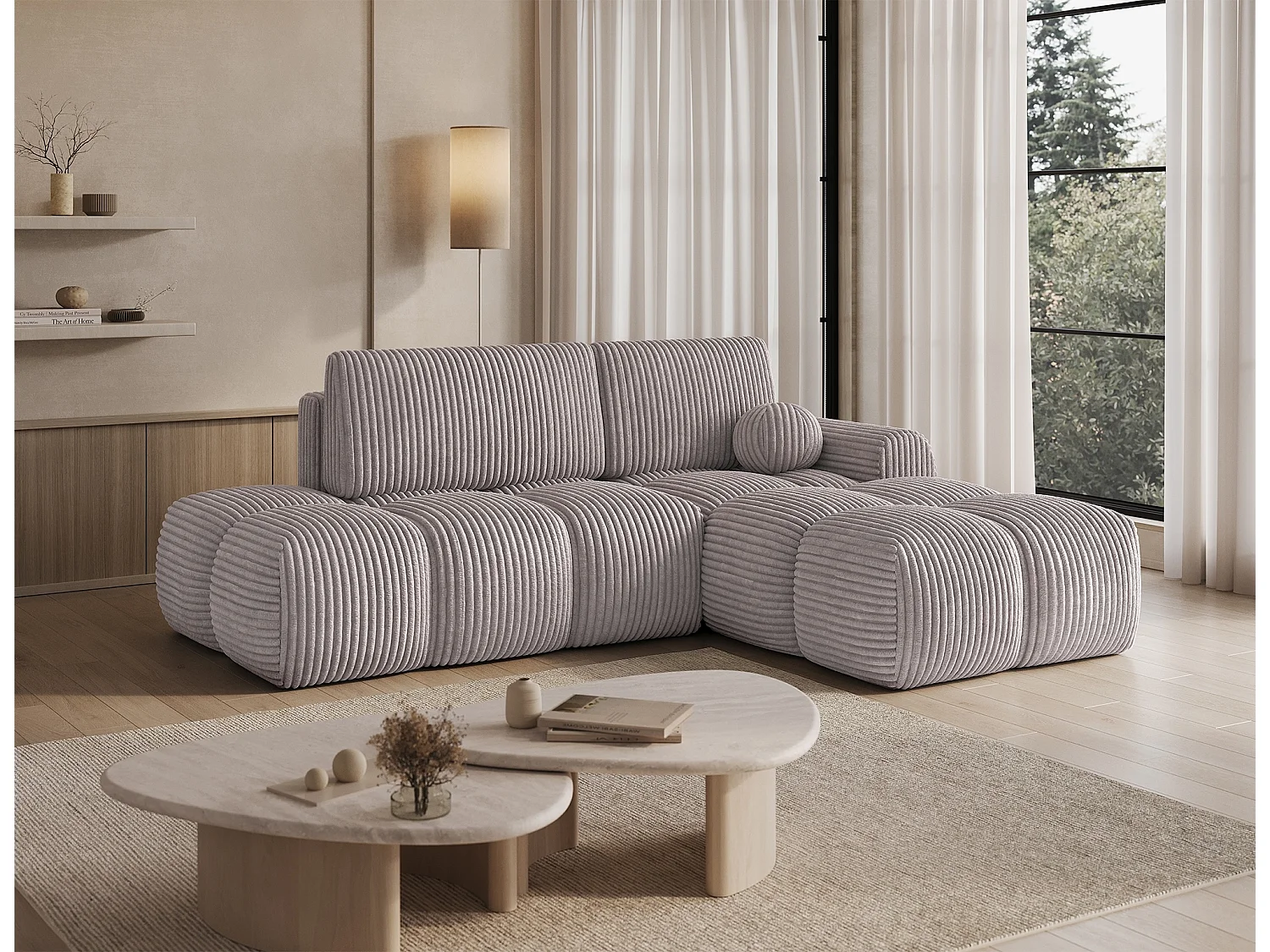 Canapé d’angle convertible 3 places BINUTO en tissu avec coffre de rangement – 227cm-Gris-angle droit