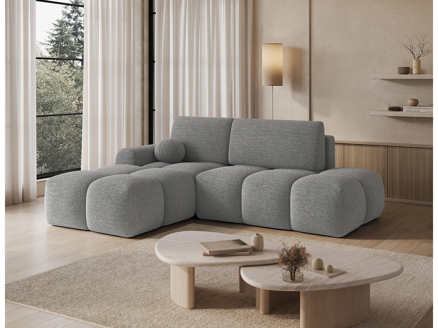 Canapé d’angle convertible 3 places BINUTO en tissu avec coffre de rangement – 227cm-Gris clair-angle gauche