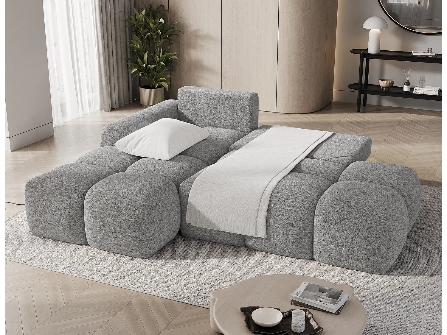 Canapé d’angle convertible 3 places BINUTO en tissu avec coffre de rangement – 227cm-Gris clair-angle gauche