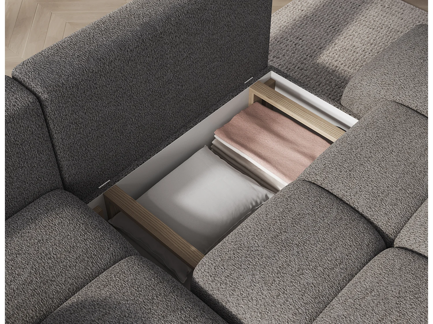 Canapé d’angle convertible 3 places BINUTO en tissu avec coffre de rangement – 227cm-Gris clair-angle gauche