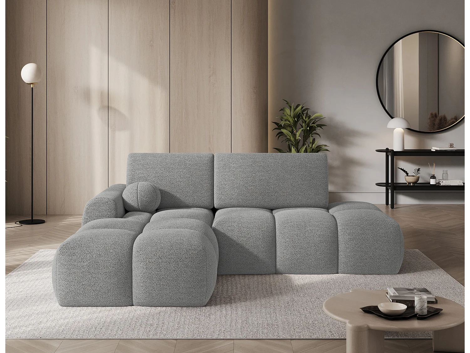 Canapé d’angle convertible 3 places BINUTO en tissu avec coffre de rangement – 227cm-Gris clair-angle gauche