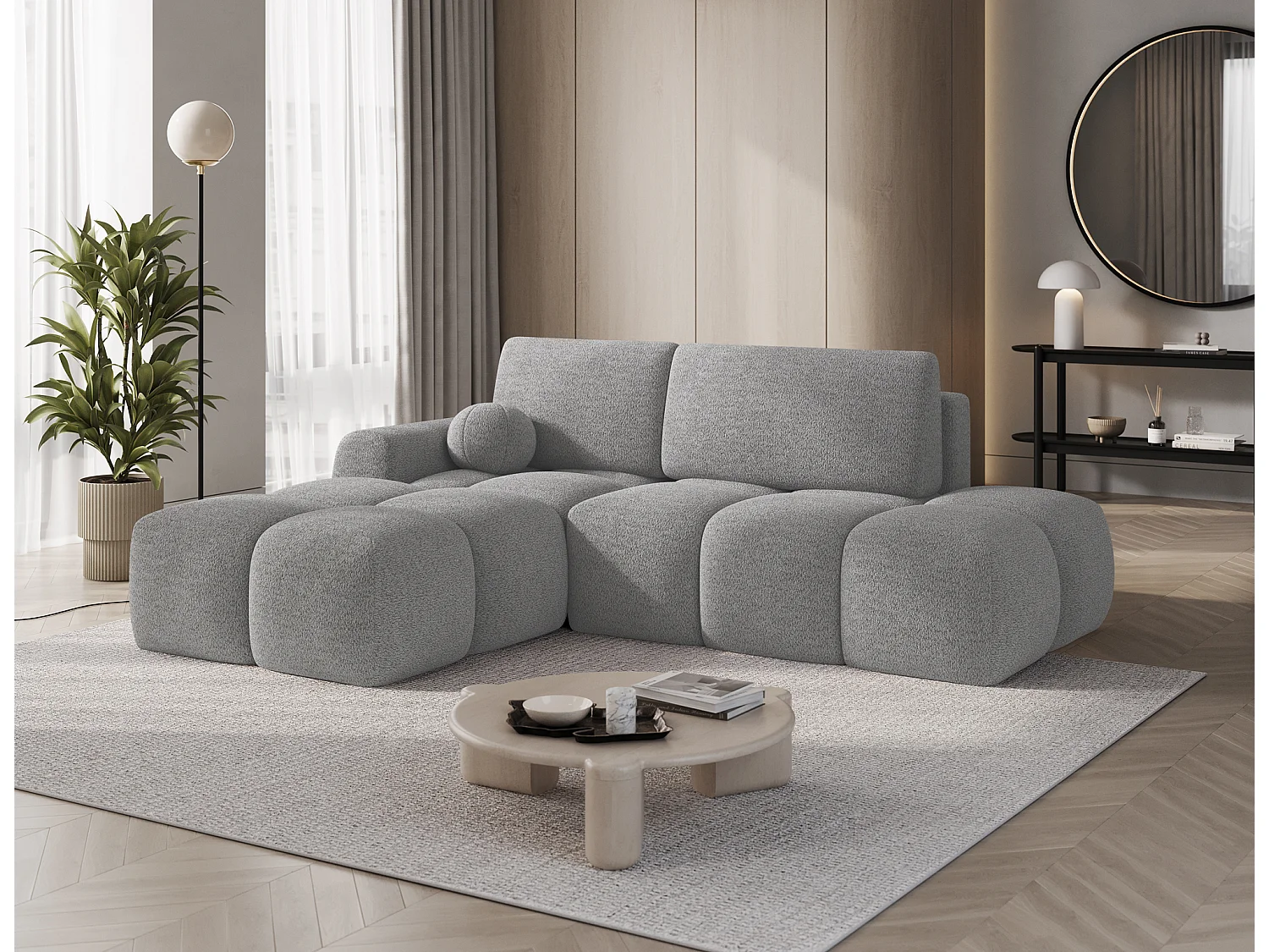 Canapé d’angle convertible 3 places BINUTO en tissu avec coffre de rangement – 227cm-Gris clair-angle gauche