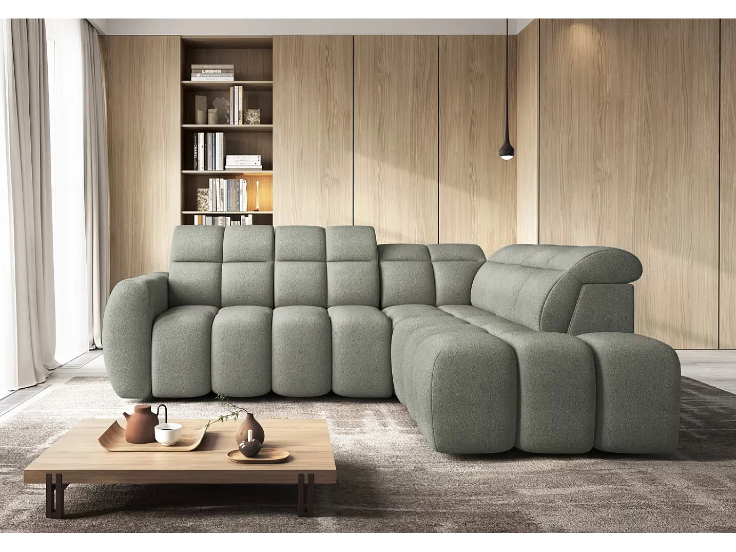 Canapé d’angle convertible 4 places BOBOON en tissu avec coffre de rangement – 258cm-Vert céladon-angle droit