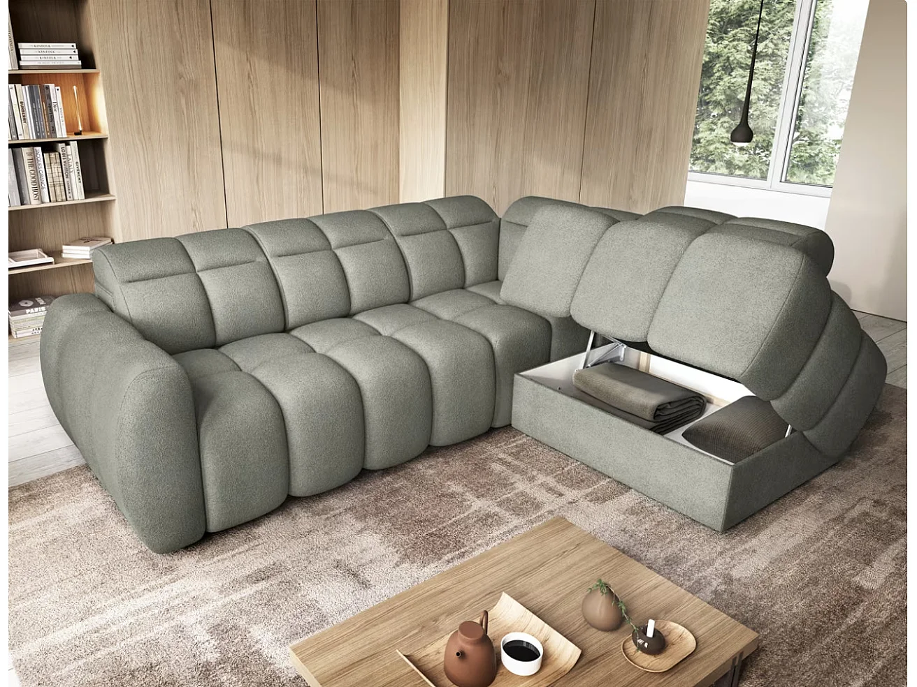 Canapé d’angle convertible 4 places BOBOON en tissu avec coffre de rangement – 258cm-Vert céladon-angle droit