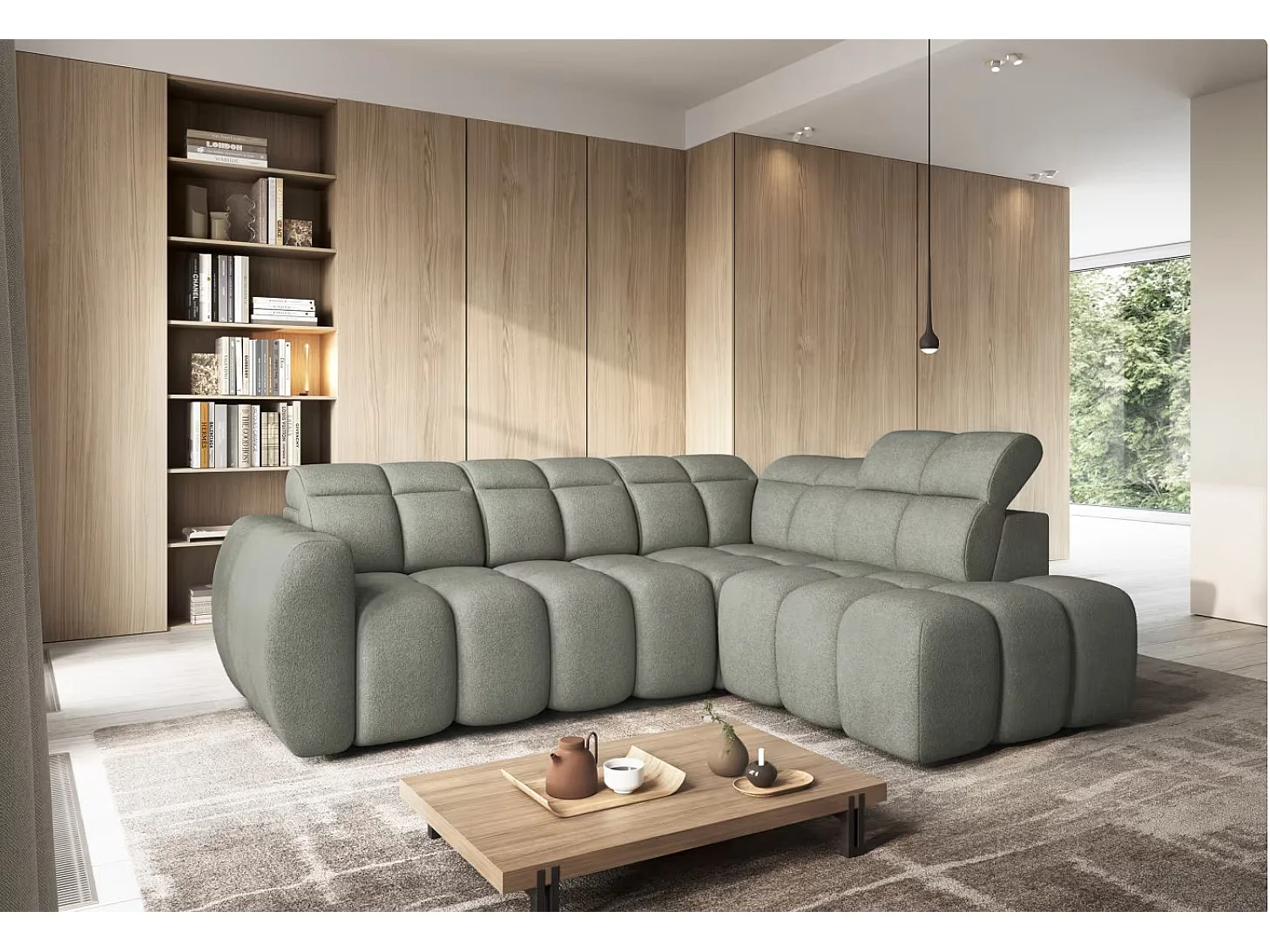 Canapé d’angle convertible 4 places BOBOON en tissu avec coffre de rangement – 258cm-Vert céladon-angle droit