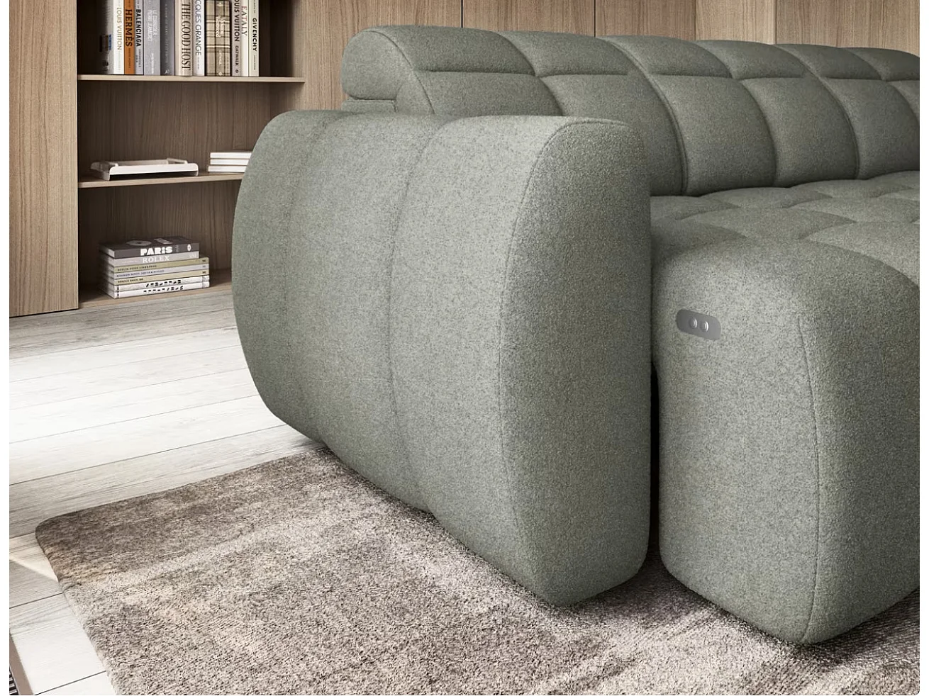 Canapé d’angle convertible 4 places BOBOON en tissu avec coffre de rangement – 258cm-Vert céladon-angle droit