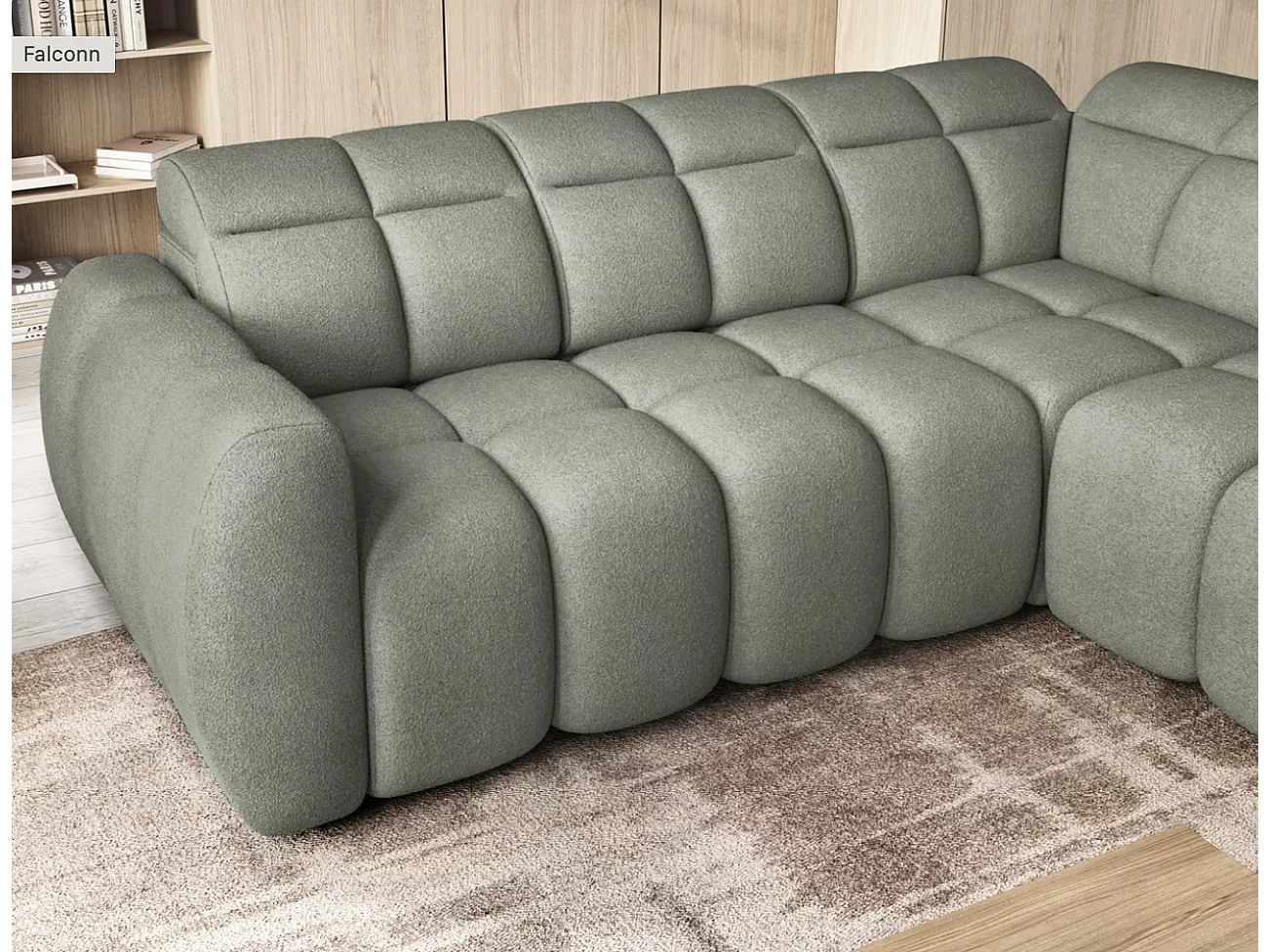 Canapé d’angle convertible 4 places BOBOON en tissu avec coffre de rangement – 258cm-Vert céladon-angle droit