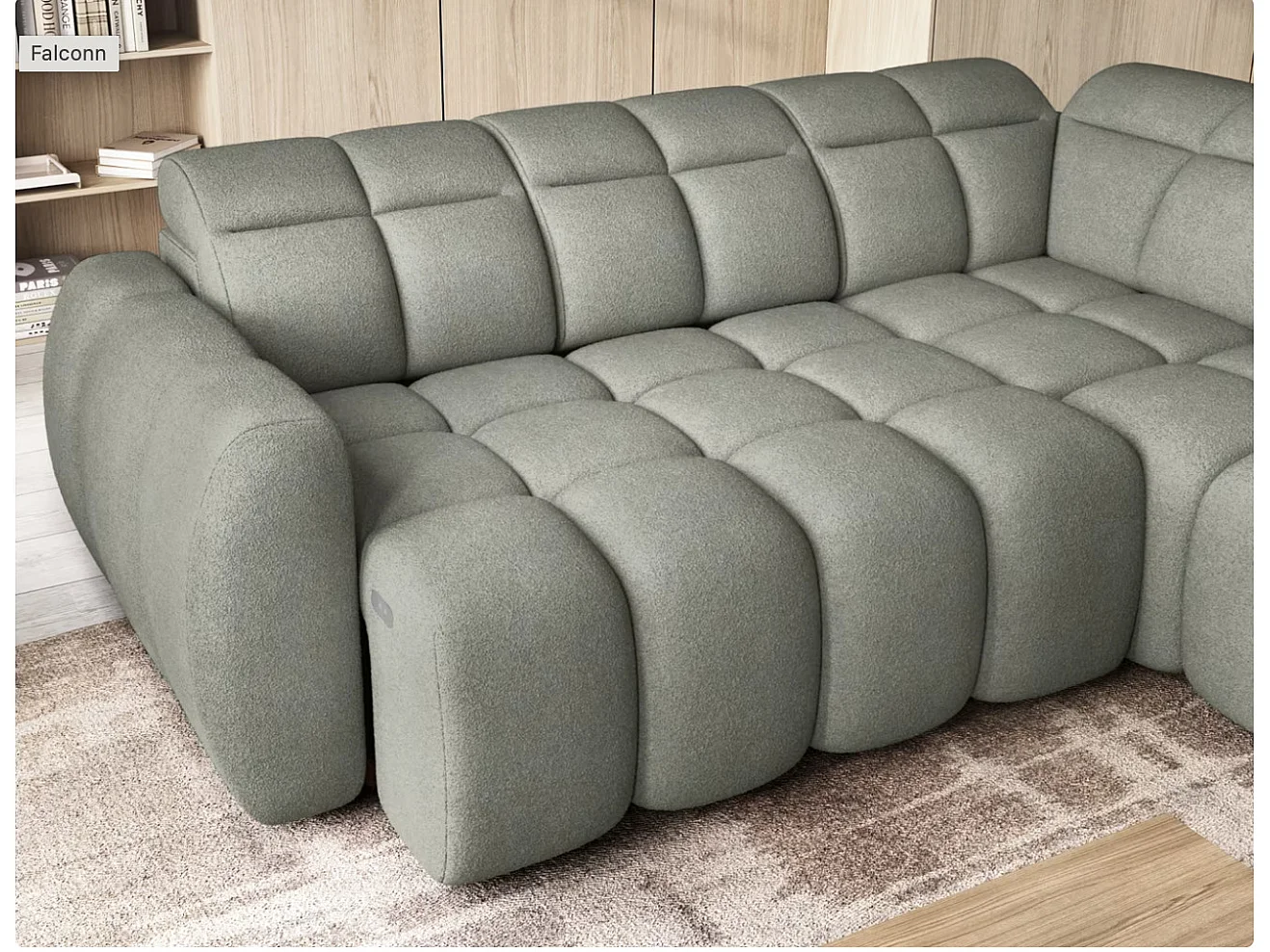 Canapé d’angle convertible 4 places BOBOON en tissu avec coffre de rangement – 258cm-Vert céladon-angle droit