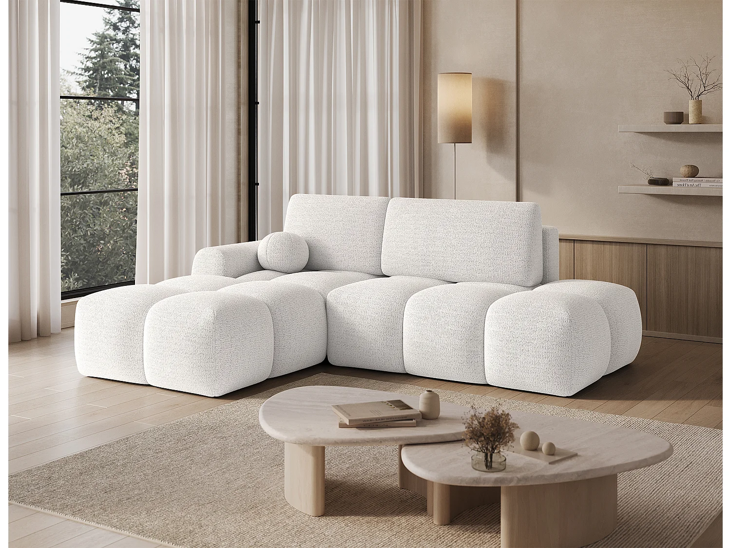 Canapé d’angle convertible 3 places BINUTO en tissu avec coffre de rangement – 227cm-Blanc-angle gauche