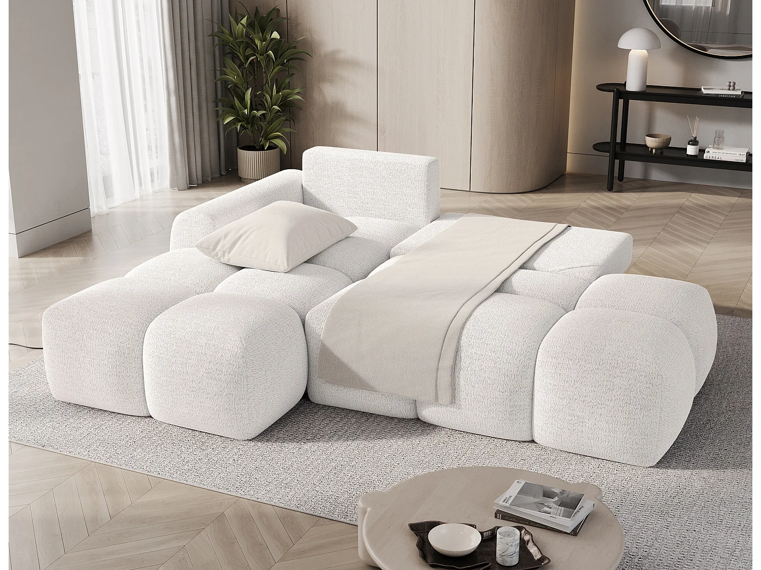 Canapé d’angle convertible 3 places BINUTO en tissu avec coffre de rangement – 227cm-Blanc-angle gauche