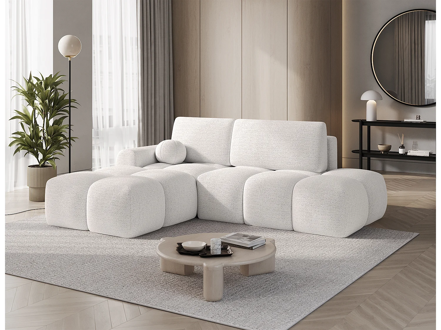 Canapé d’angle convertible 3 places BINUTO en tissu avec coffre de rangement – 227cm-Blanc-angle gauche