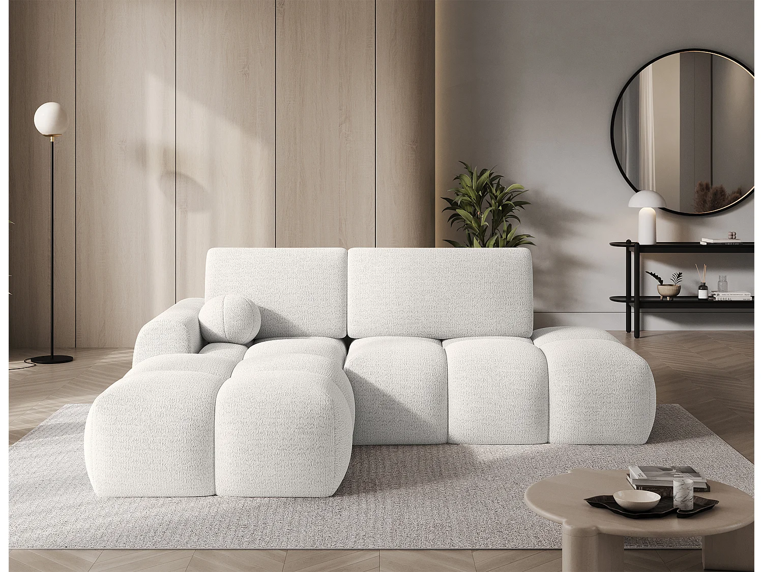 Canapé d’angle convertible 3 places BINUTO en tissu avec coffre de rangement – 227cm-Blanc-angle gauche