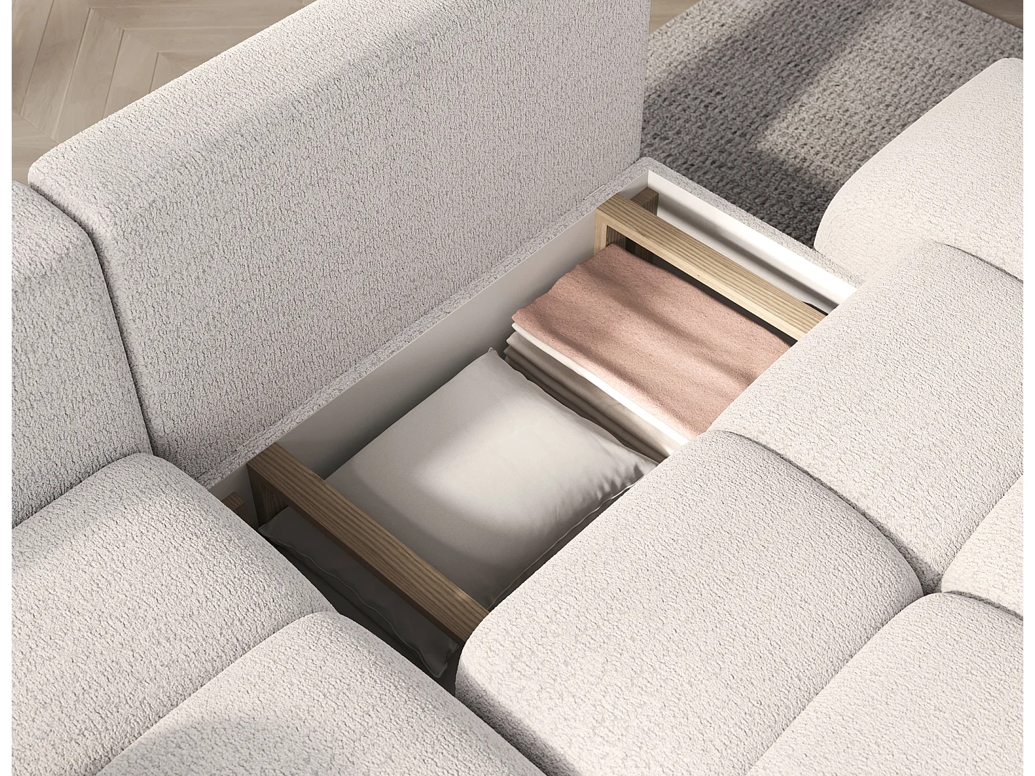 Canapé d’angle convertible 3 places BINUTO en tissu avec coffre de rangement – 227cm-Blanc-angle gauche
