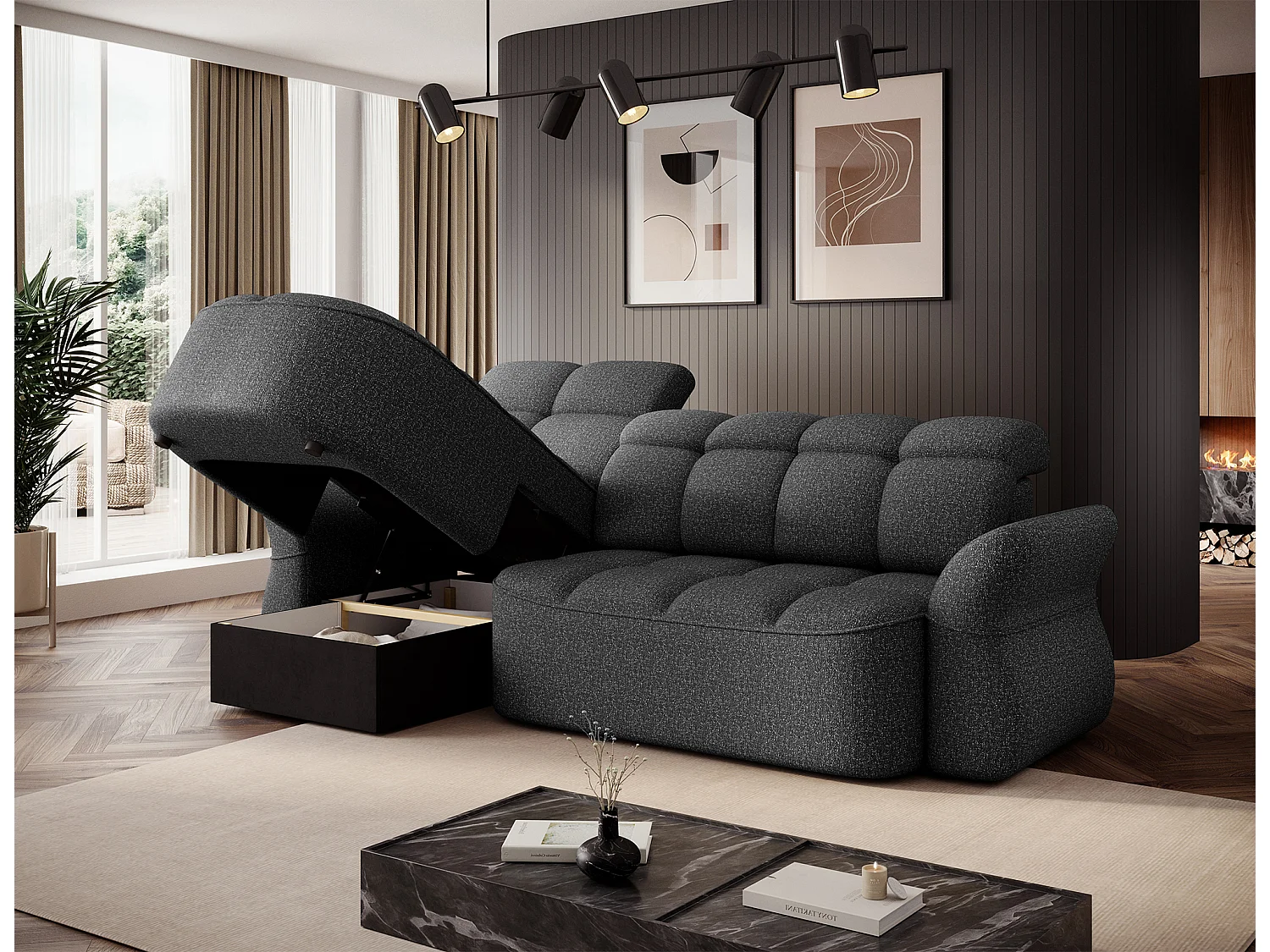 Canapé d’angle convertible 4 places CENTURY en tissu avec coffre – 301cm-Gris foncé-angle gauche
