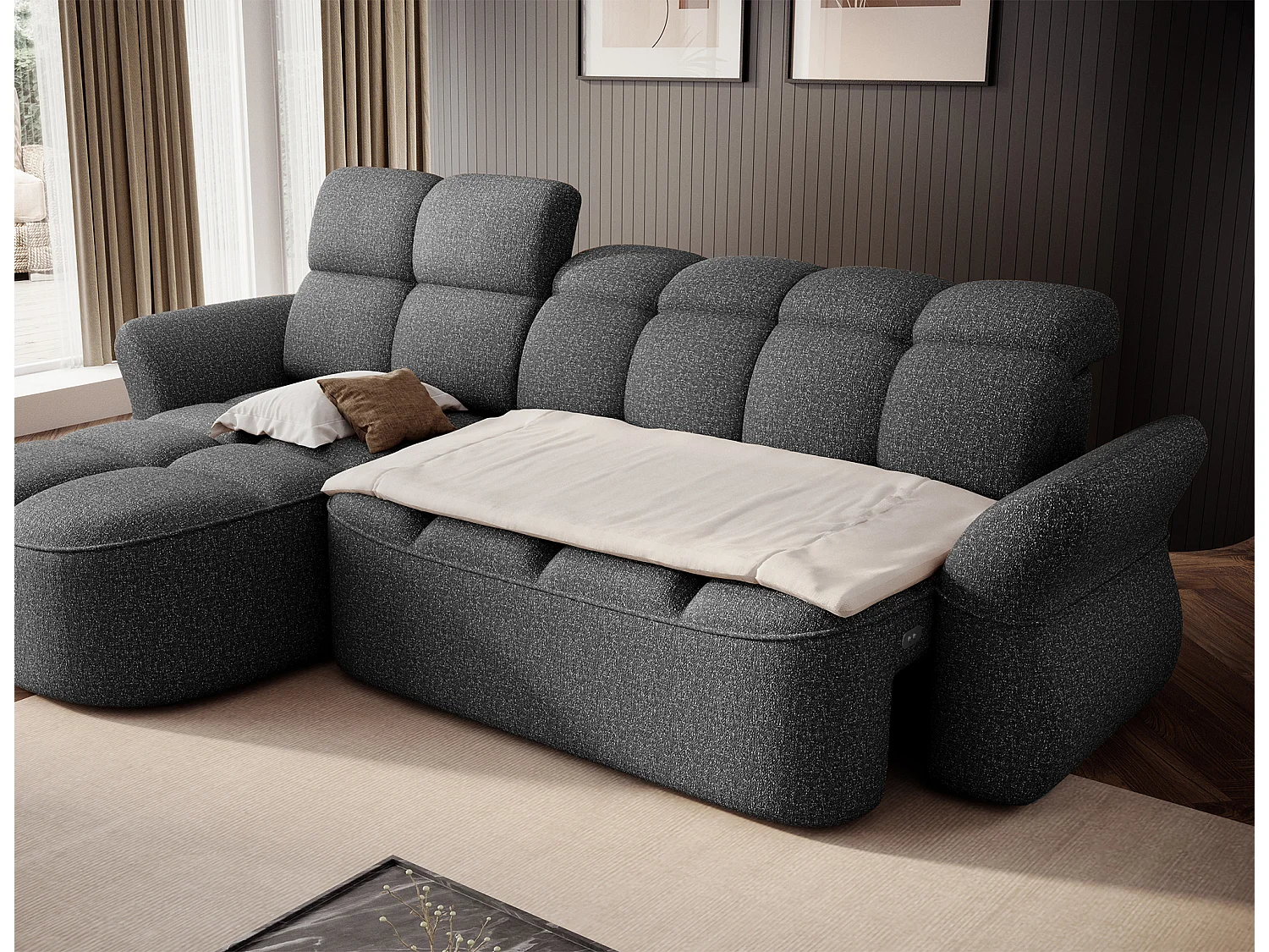 Canapé d’angle convertible 4 places CENTURY en tissu avec coffre – 301cm-Gris foncé-angle gauche