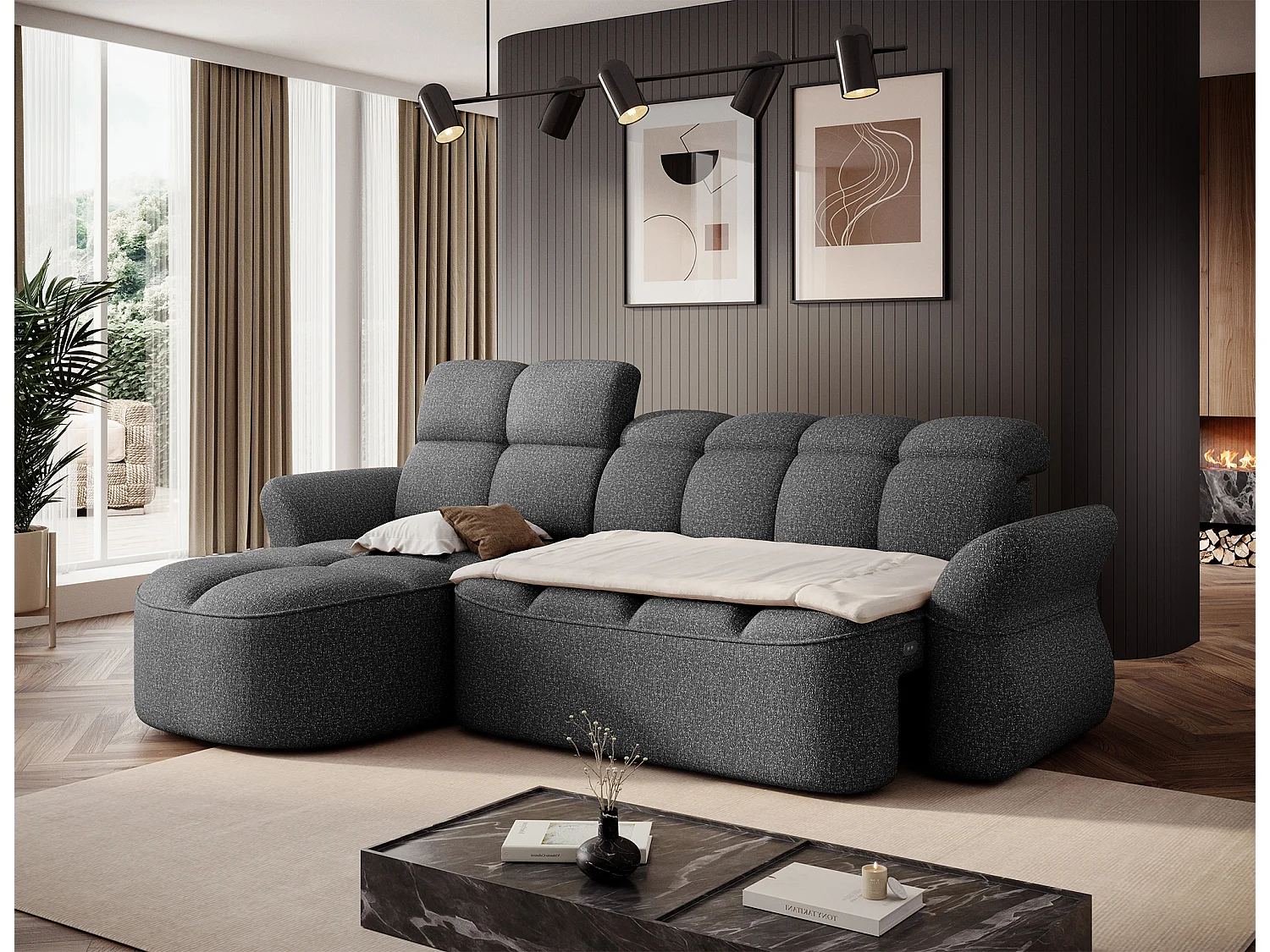 Canapé d’angle convertible 4 places CENTURY en tissu avec coffre – 301cm-Gris foncé-angle gauche