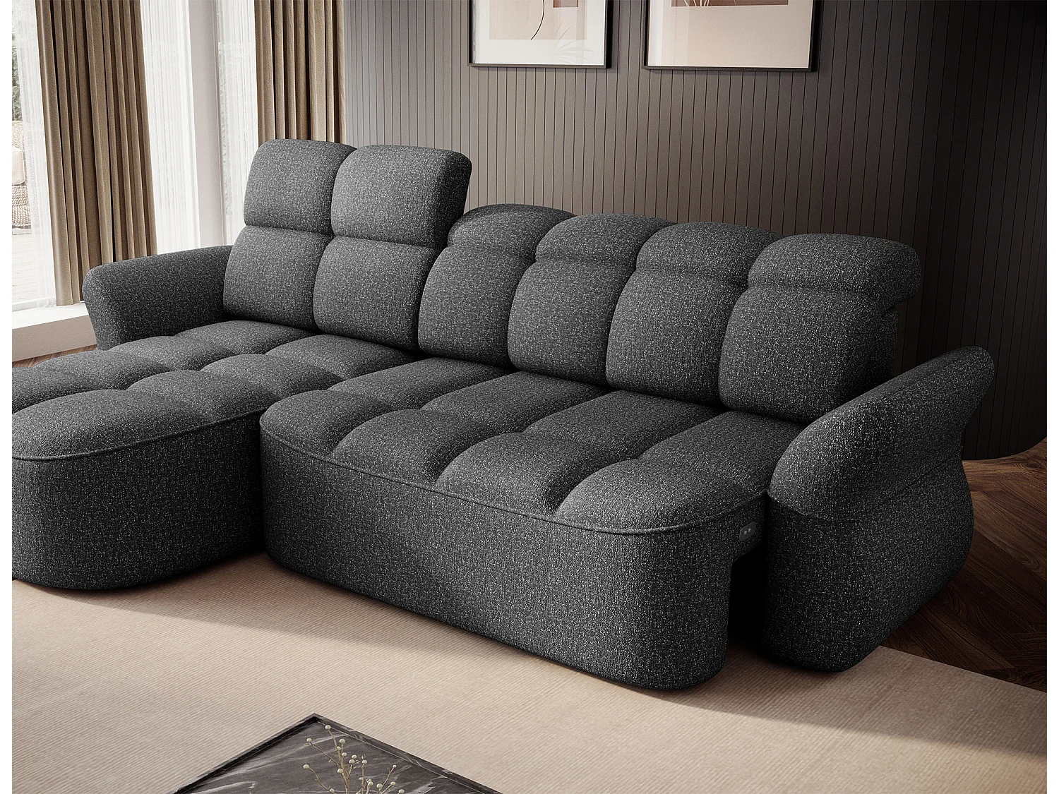 Canapé d’angle convertible 4 places CENTURY en tissu avec coffre – 301cm-Gris foncé-angle gauche