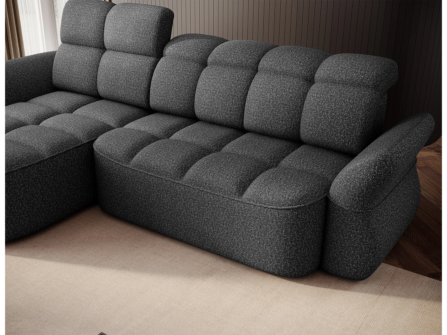 Canapé d’angle convertible 4 places CENTURY en tissu avec coffre – 301cm-Gris foncé-angle gauche