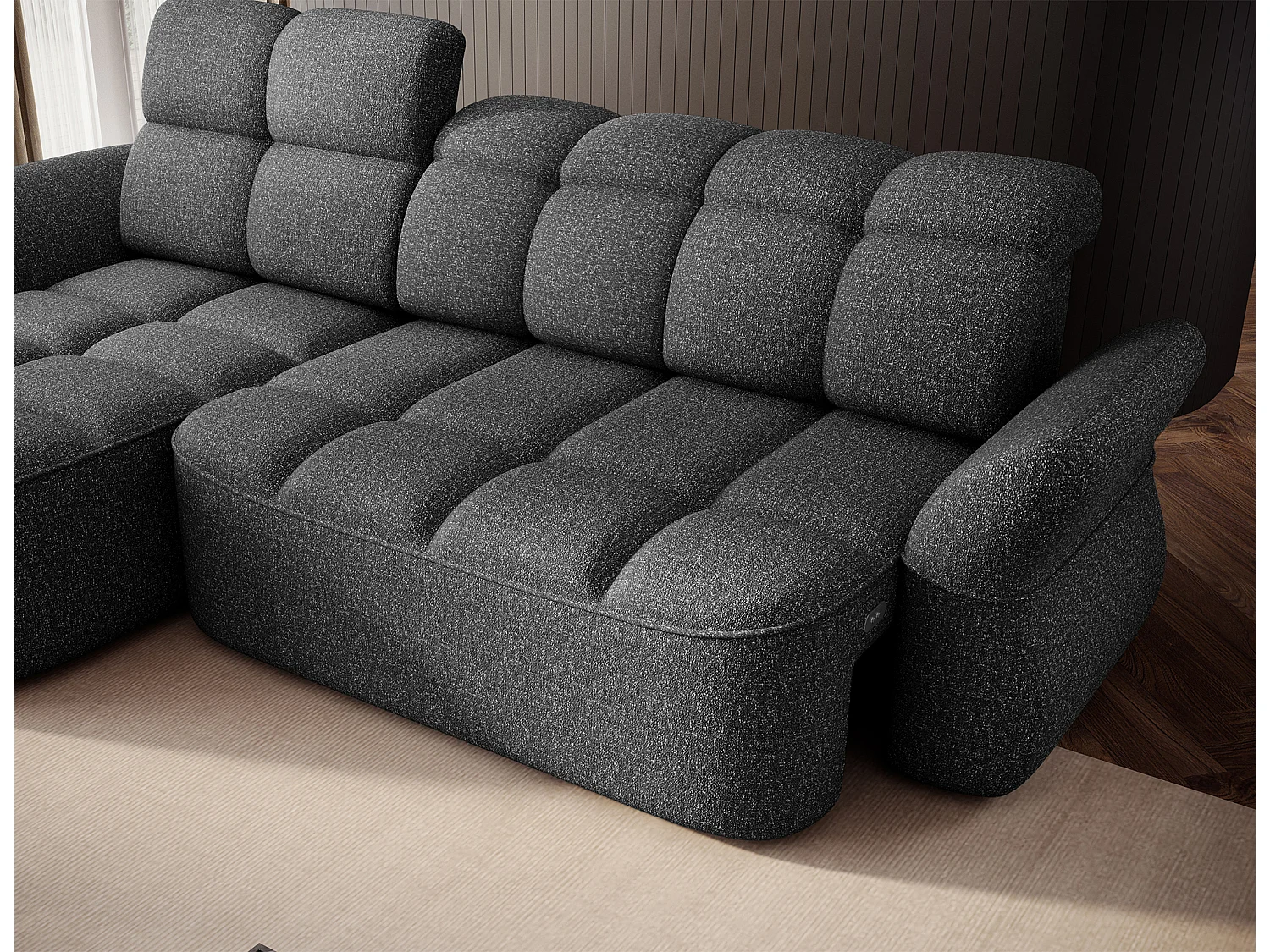 Canapé d’angle convertible 4 places CENTURY en tissu avec coffre – 301cm-Gris foncé-angle gauche