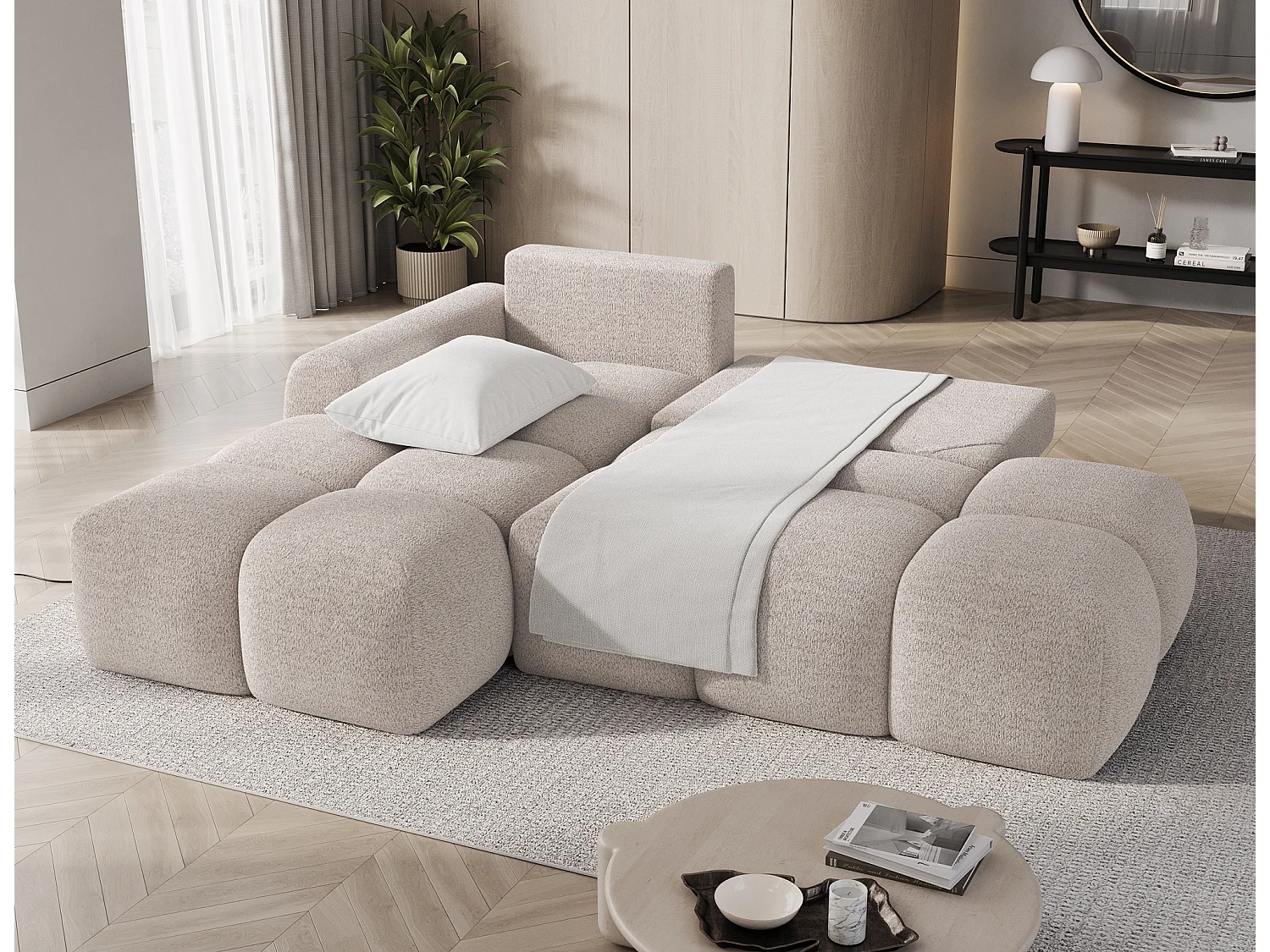 Canapé d’angle convertible 3 places BINUTO en tissu avec coffre de rangement – 227cm-Taupe clair-angle gauche