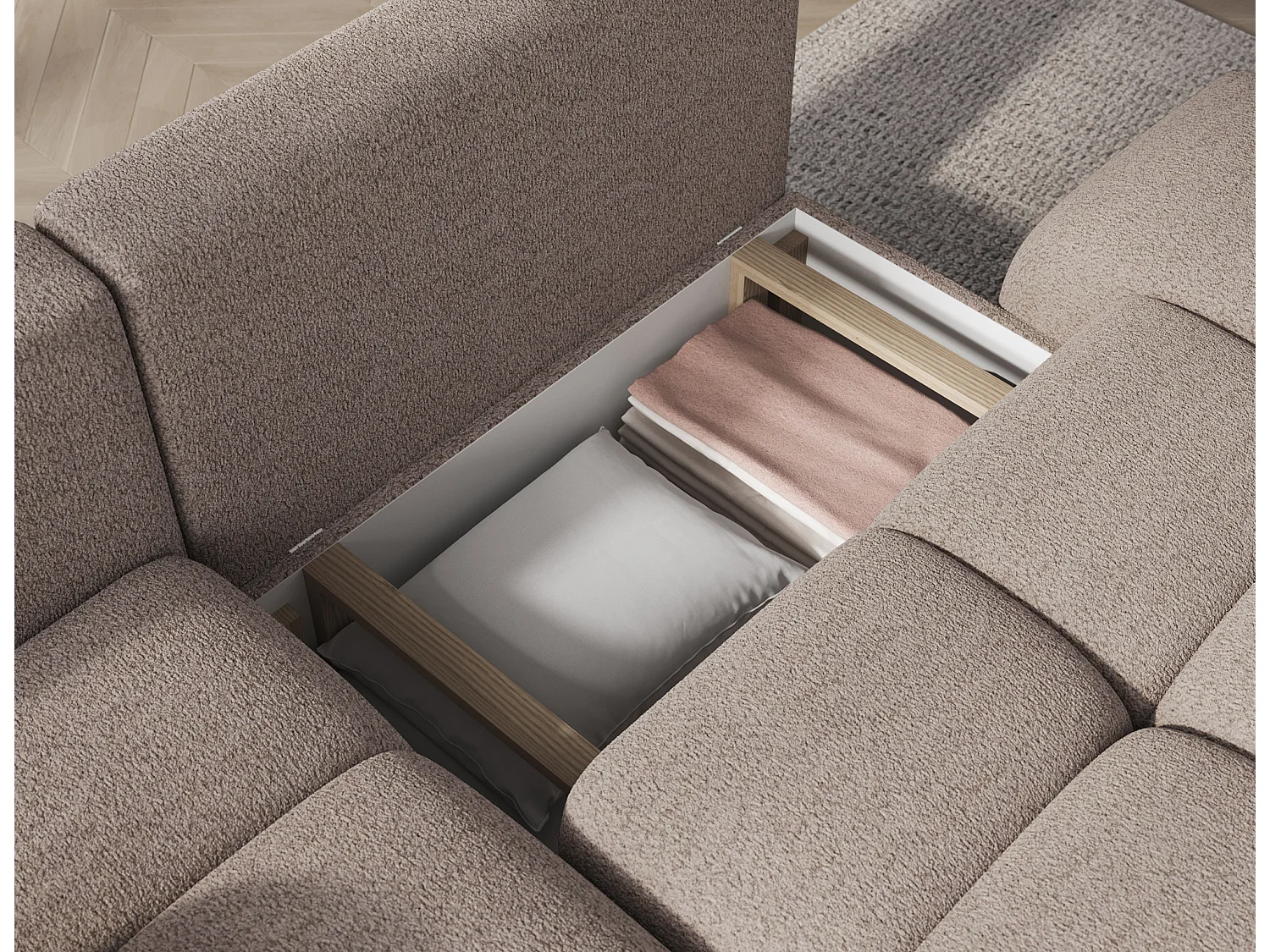 Canapé d’angle convertible 3 places BINUTO en tissu avec coffre de rangement – 227cm-Taupe clair-angle gauche