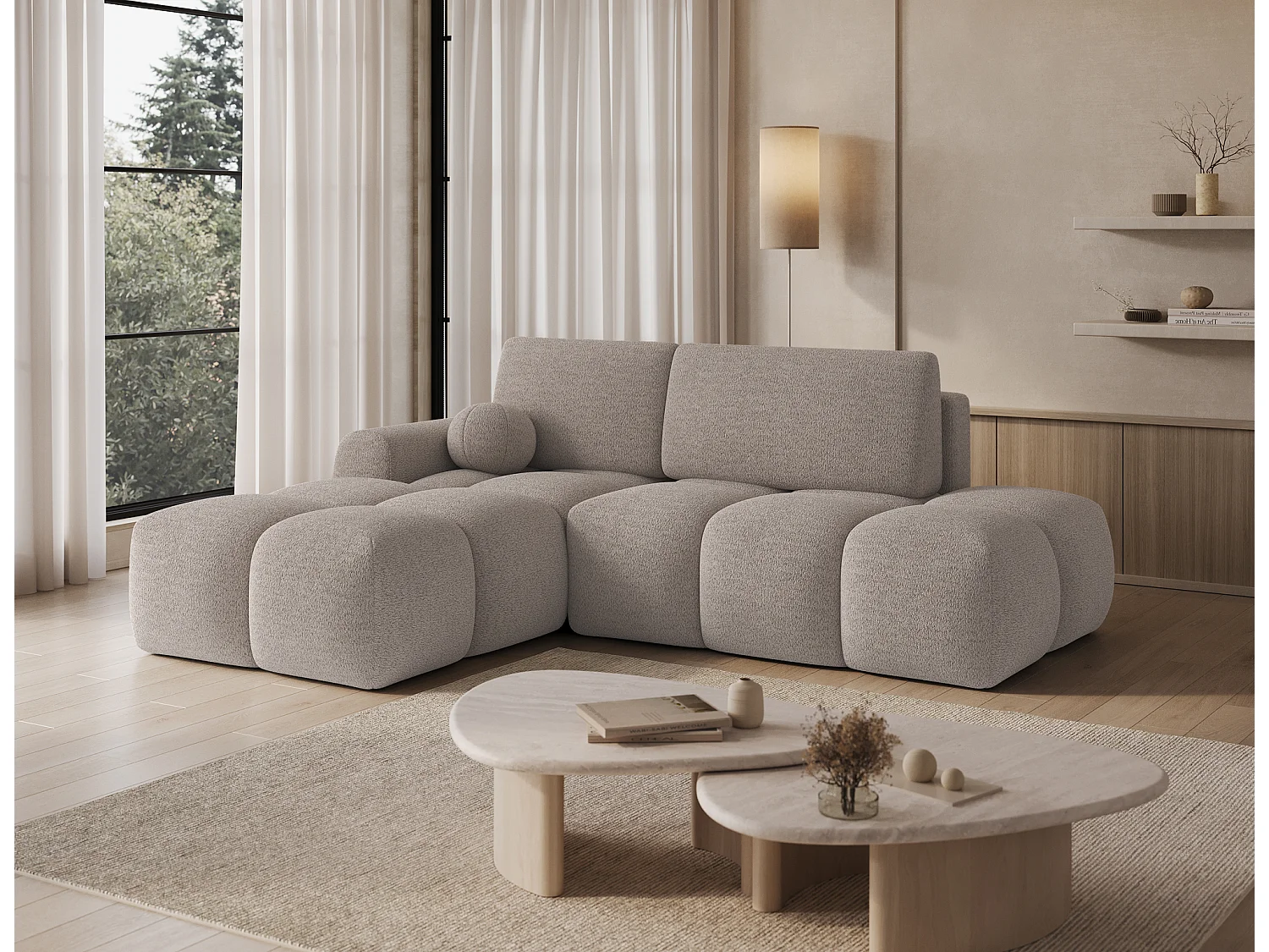 Canapé d’angle convertible 3 places BINUTO en tissu avec coffre de rangement – 227cm-Taupe clair-angle gauche