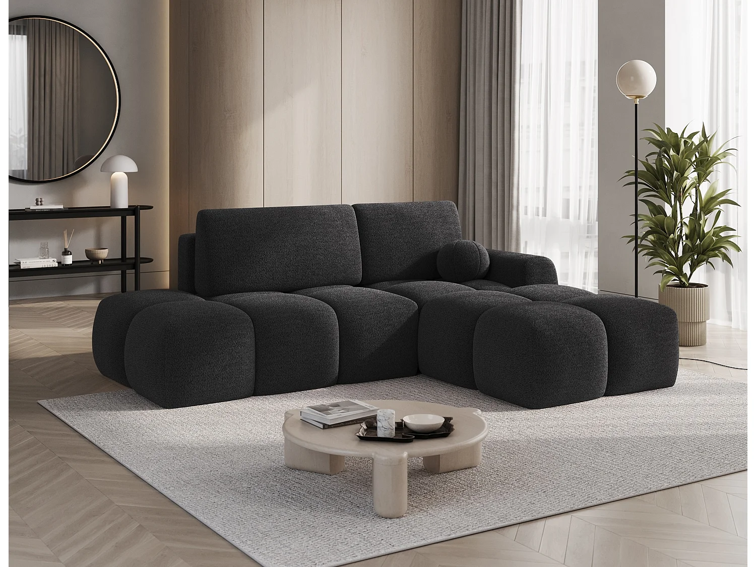 Canapé d’angle convertible 3 places BINUTO en tissu avec coffre de rangement – 227cm-Gris foncé-angle droit