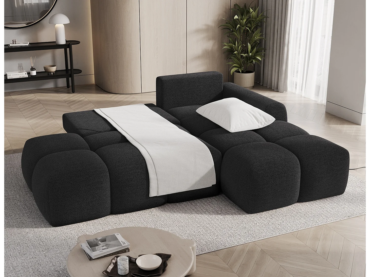 Canapé d’angle convertible 3 places BINUTO en tissu avec coffre de rangement – 227cm-Gris foncé-angle droit
