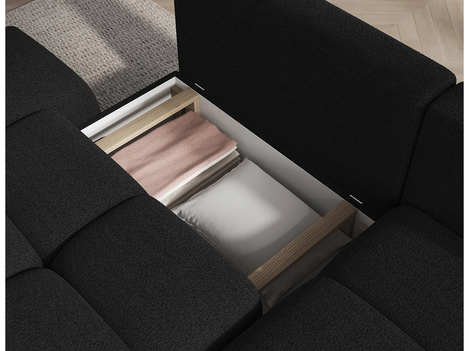 Canapé d’angle convertible 3 places BINUTO en tissu avec coffre de rangement – 227cm-Gris foncé-angle droit