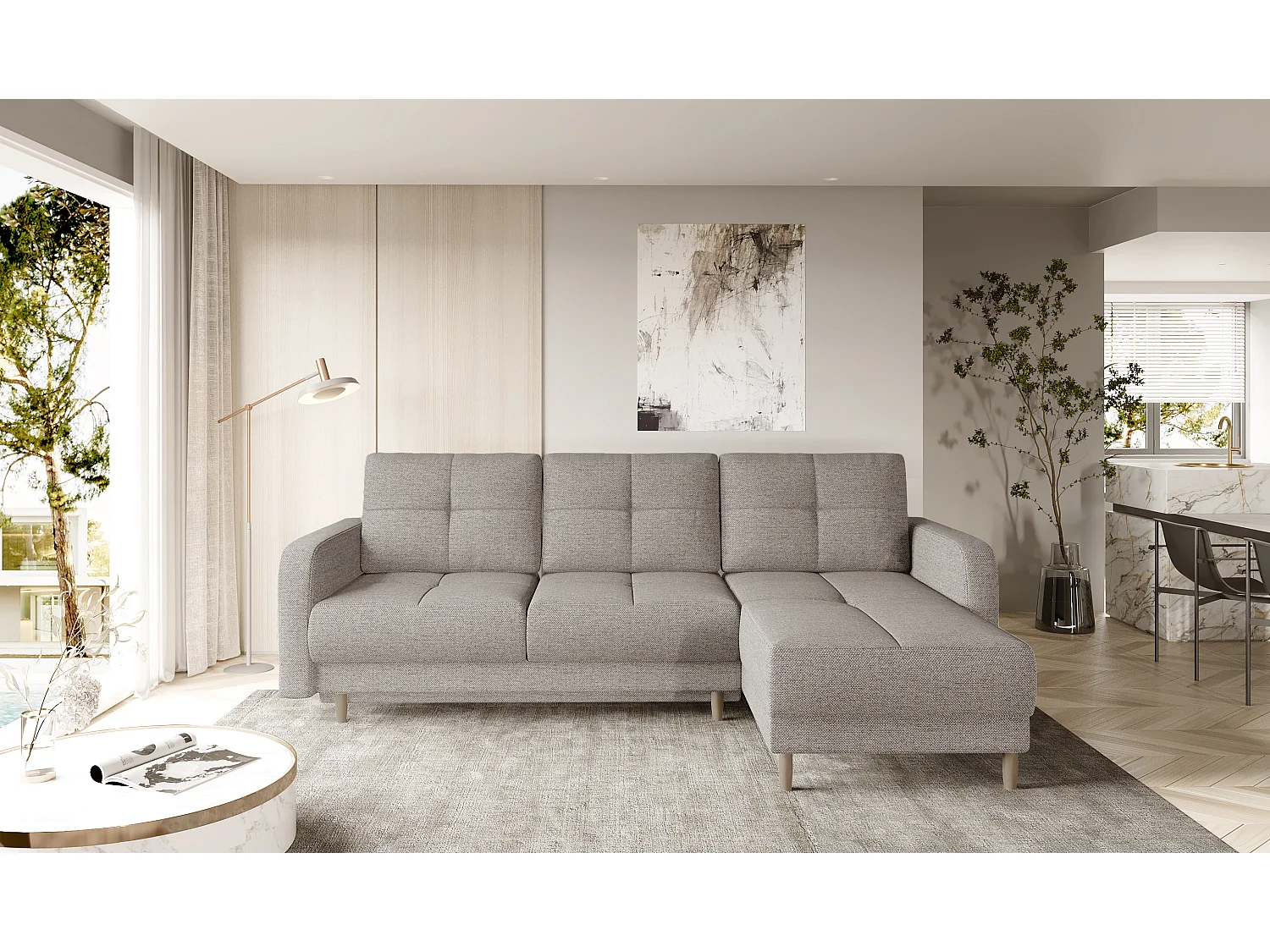 Canapé d'angle convertible et réversible tissu KINDO - Pied bois clair-Beige chiné