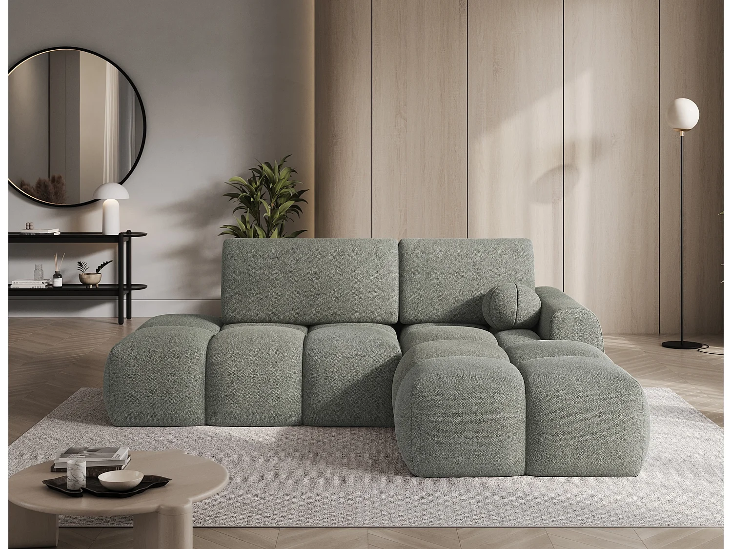 Canapé d’angle convertible 3 places BINUTO en tissu avec coffre de rangement – 227cm-Vert-angle droit
