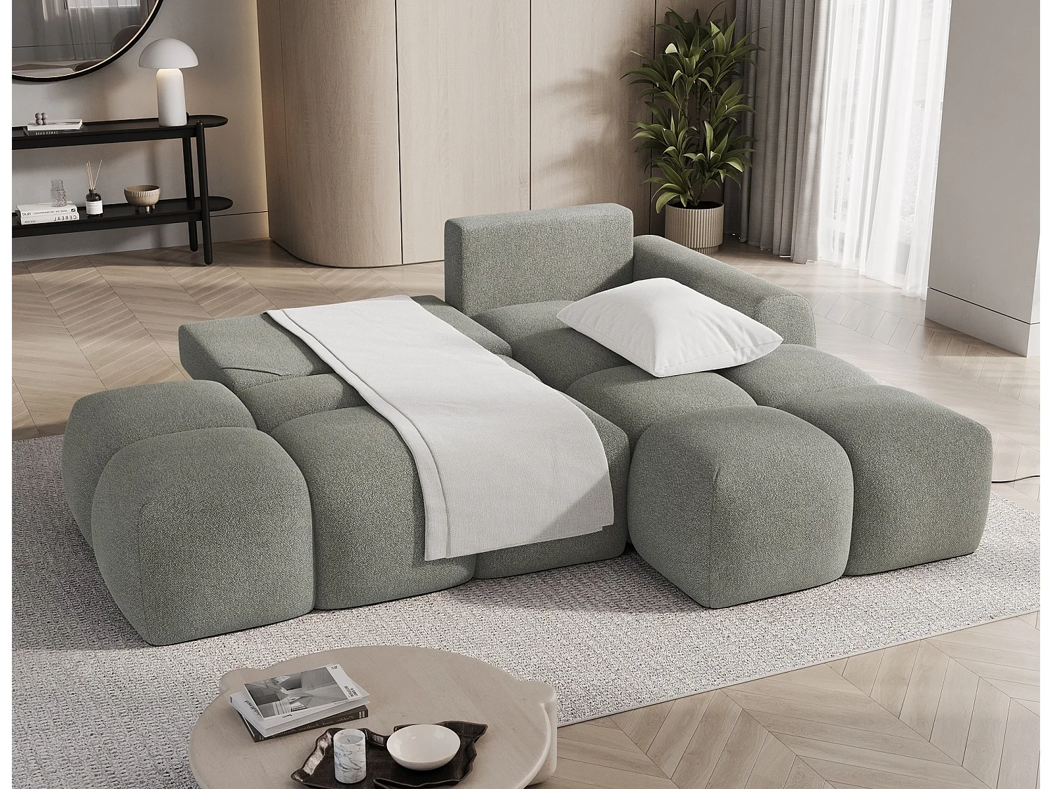 Canapé d’angle convertible 3 places BINUTO en tissu avec coffre de rangement – 227cm-Vert-angle droit