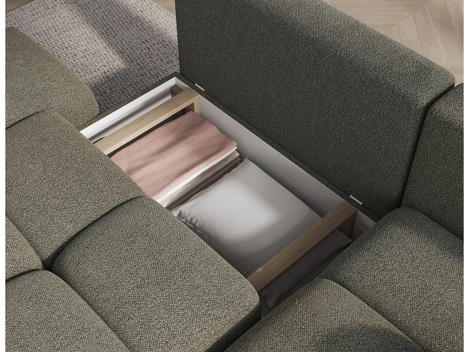 Canapé d’angle convertible 3 places BINUTO en tissu avec coffre de rangement – 227cm-Vert-angle droit