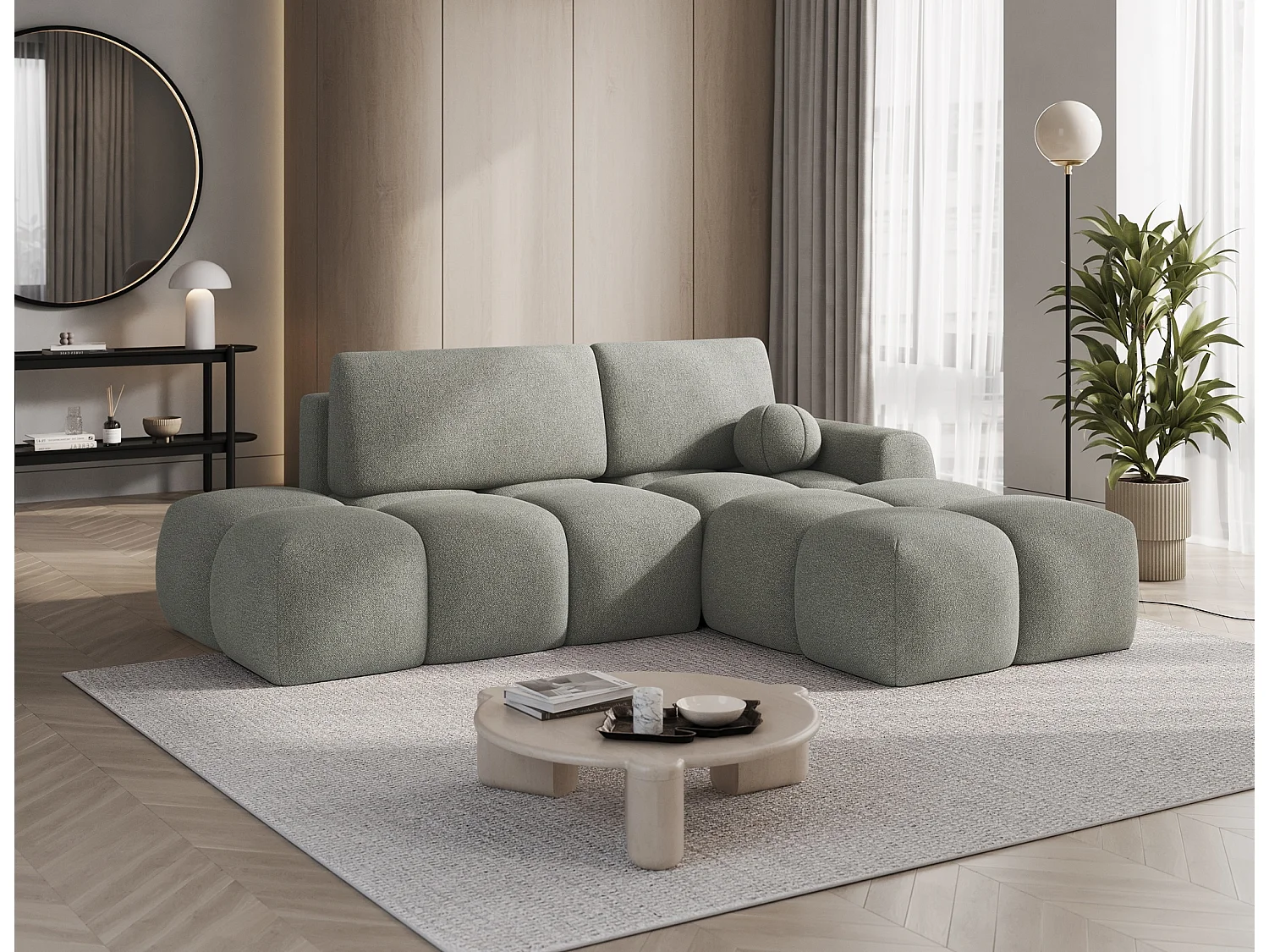 Canapé d’angle convertible 3 places BINUTO en tissu avec coffre de rangement – 227cm-Vert-angle droit