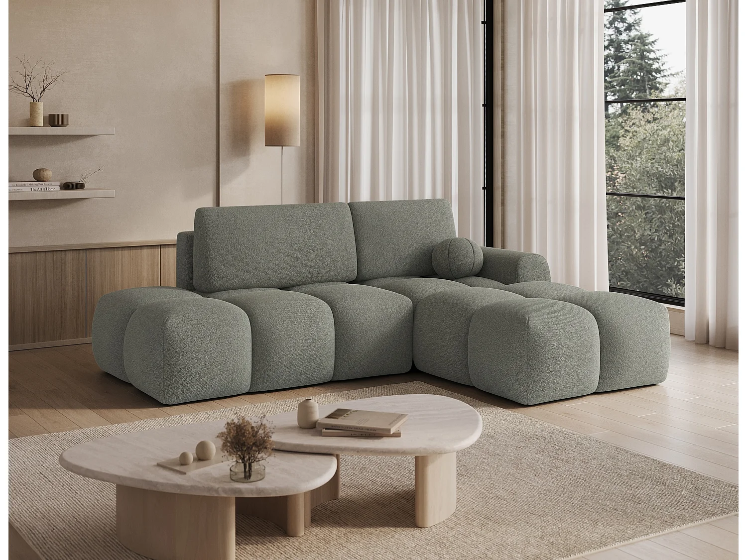 Canapé d’angle convertible 3 places BINUTO en tissu avec coffre de rangement – 227cm-Vert-angle droit
