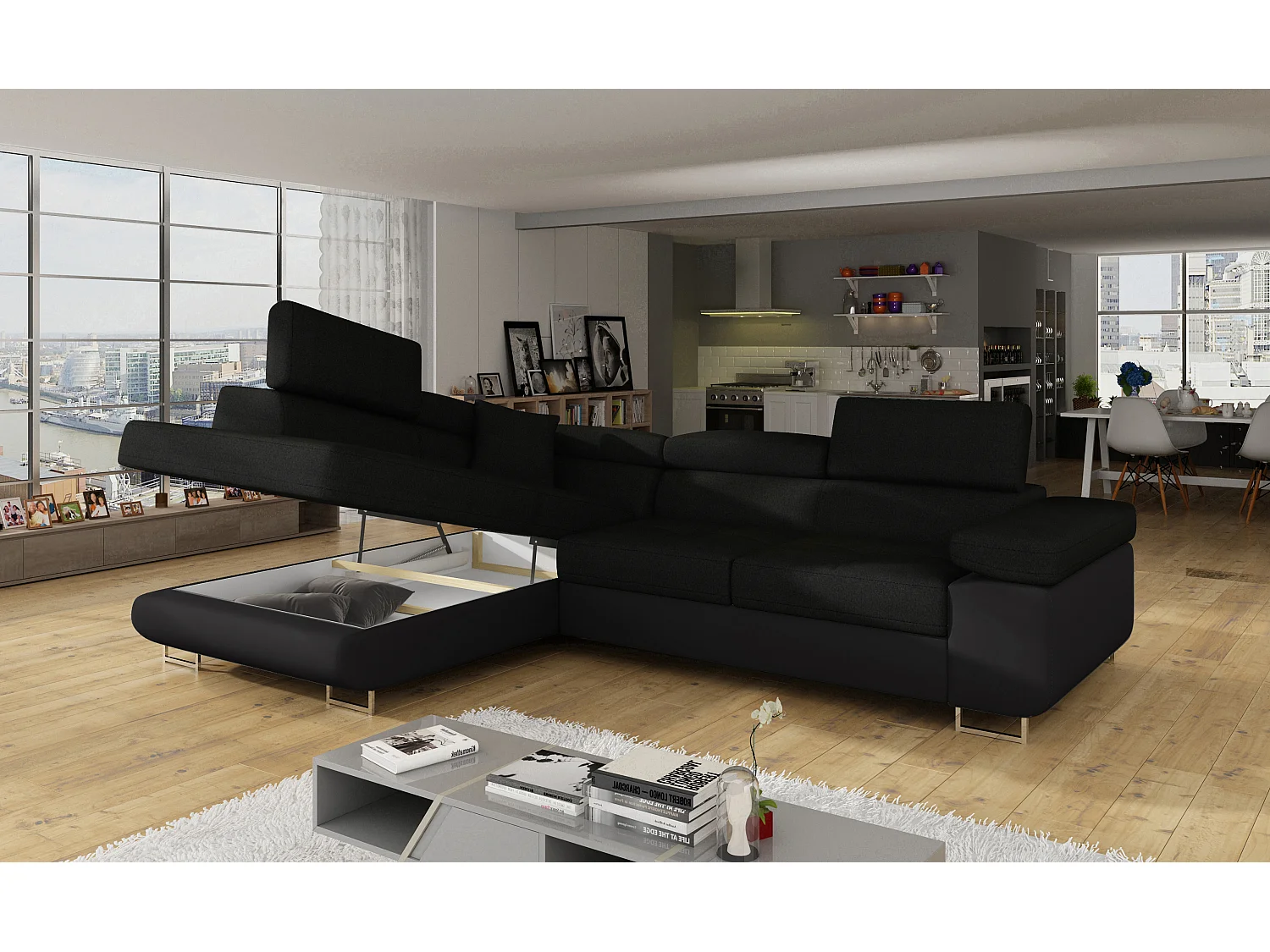 Canapé d’angle convertible MARKA en tissu et simili cuir – 272cm-Noir/Noir-angle gauche