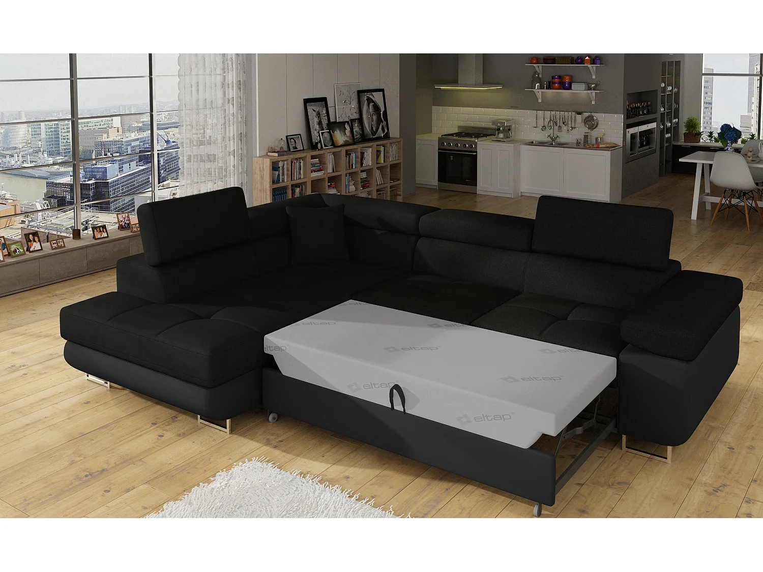 Canapé d’angle convertible MARKA en tissu et simili cuir – 272cm-Noir/Noir-angle gauche