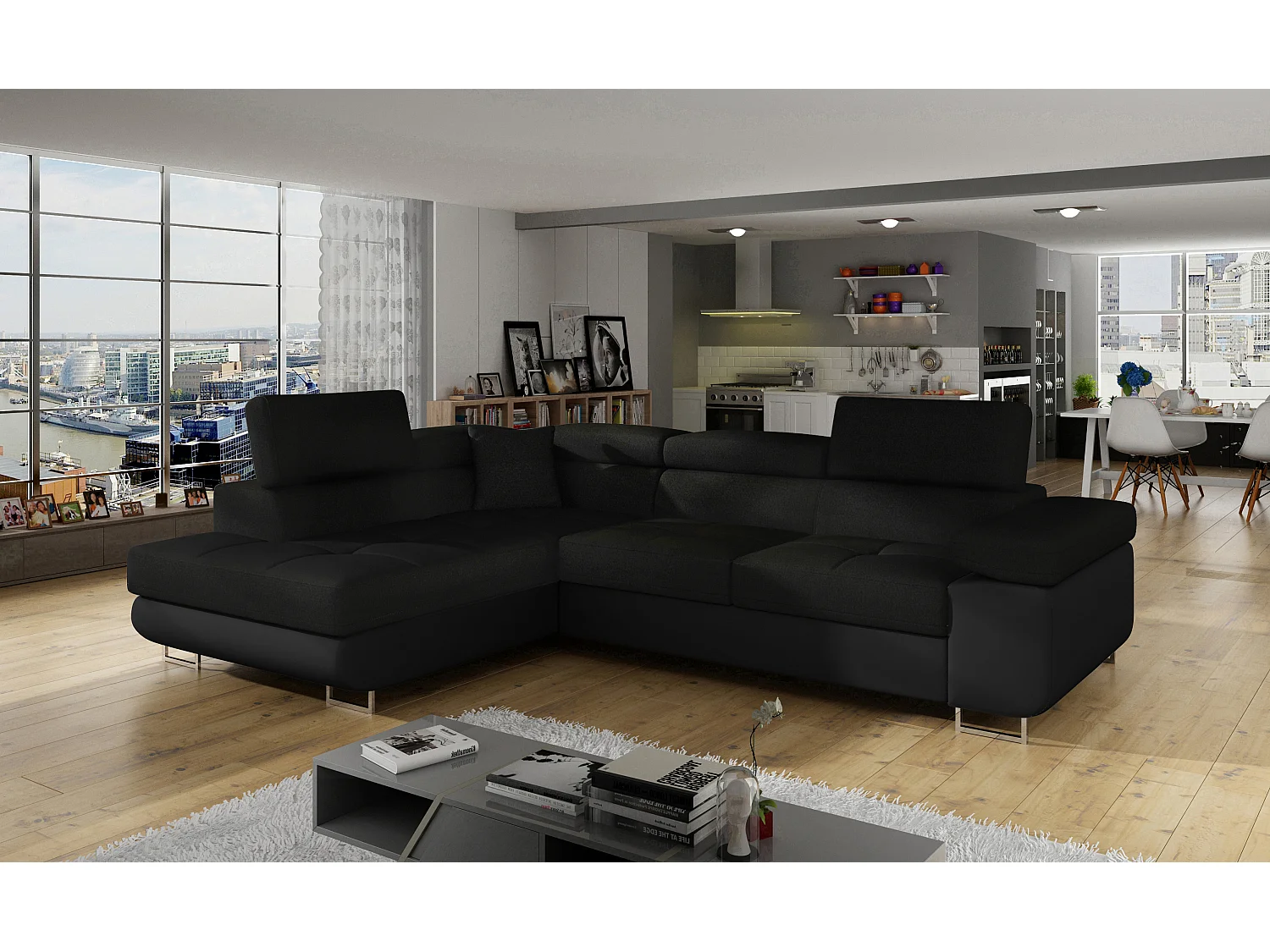 Canapé d’angle convertible MARKA en tissu et simili cuir – 272cm-Noir/Noir-angle gauche