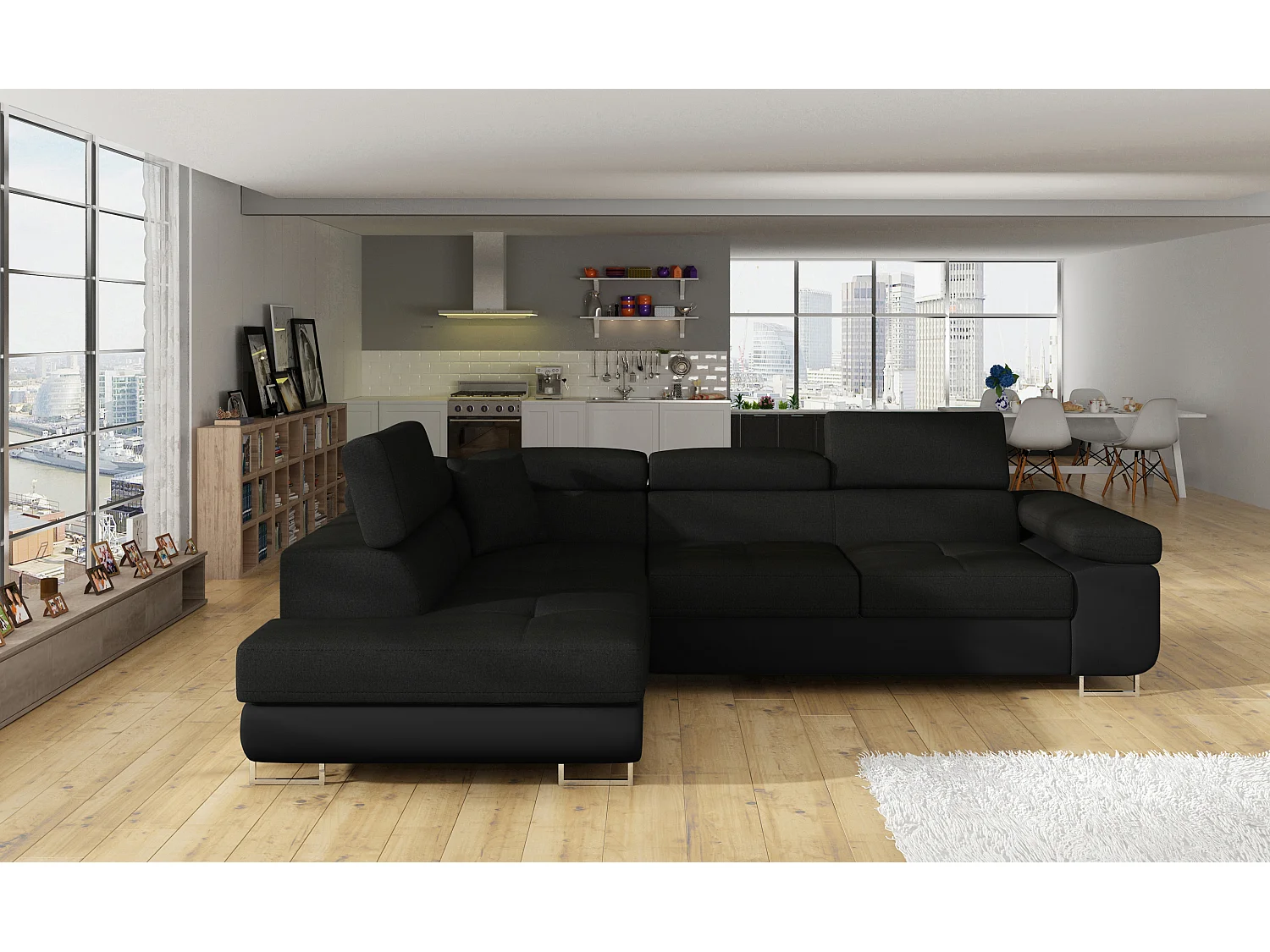 Canapé d’angle convertible MARKA en tissu et simili cuir – 272cm-Noir/Noir-angle gauche