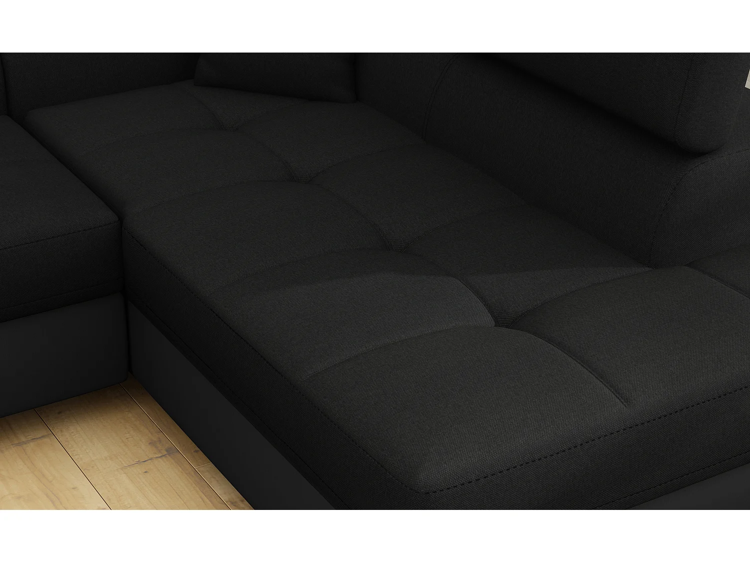 Canapé d’angle convertible MARKA en tissu et simili cuir – 272cm-Noir/Noir-angle gauche