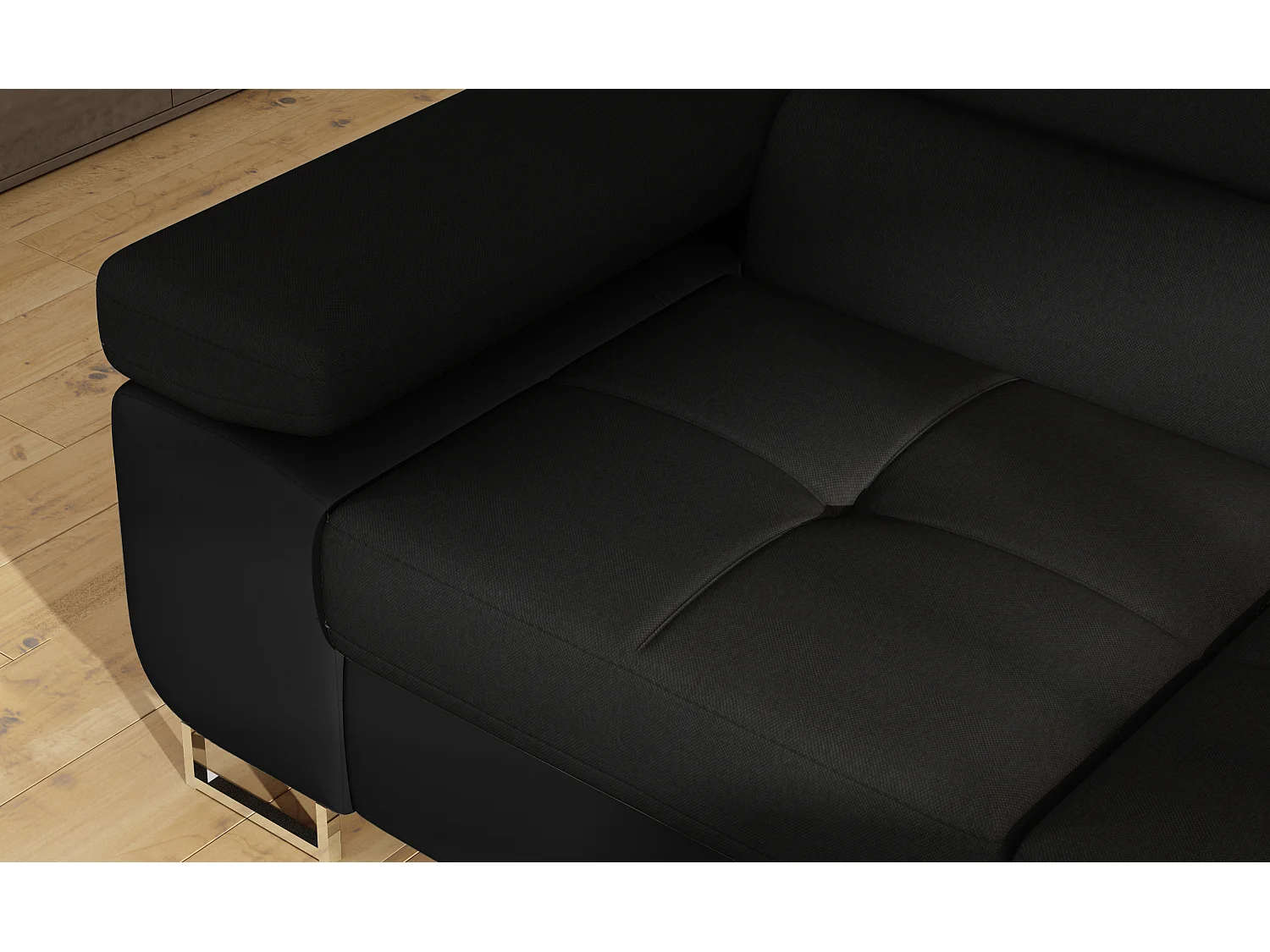 Canapé d’angle convertible MARKA en tissu et simili cuir – 272cm-Noir/Noir-angle gauche