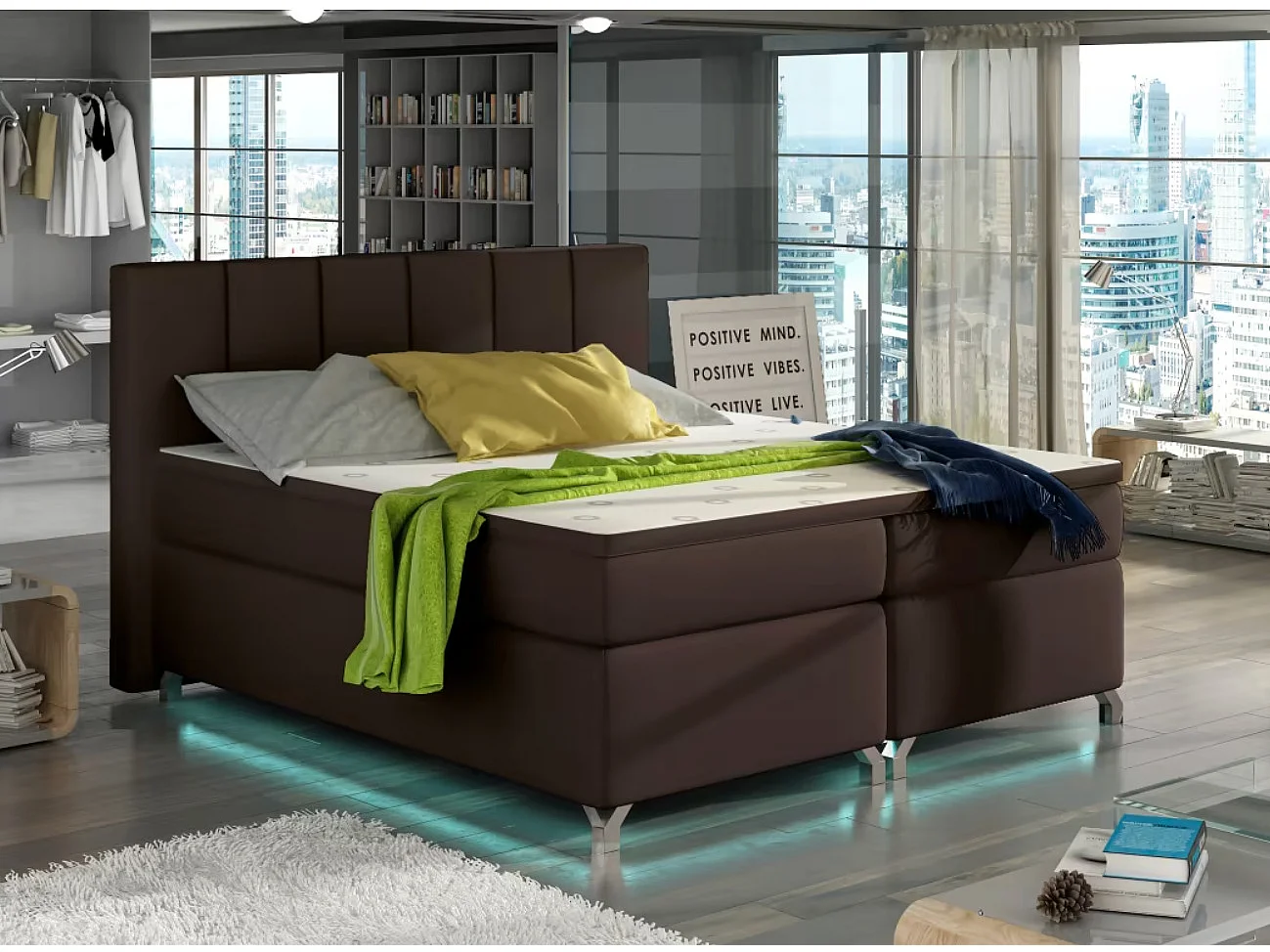 Lit boxspring à LED en simili cuir marron BALFOR-140x200