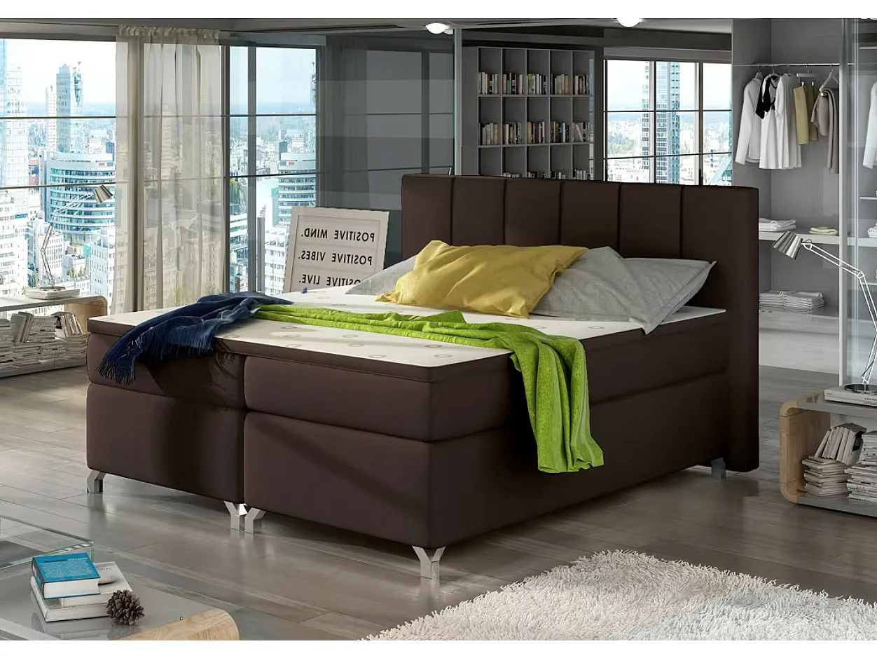 Lit boxspring à LED en simili cuir marron BALFOR-180x200