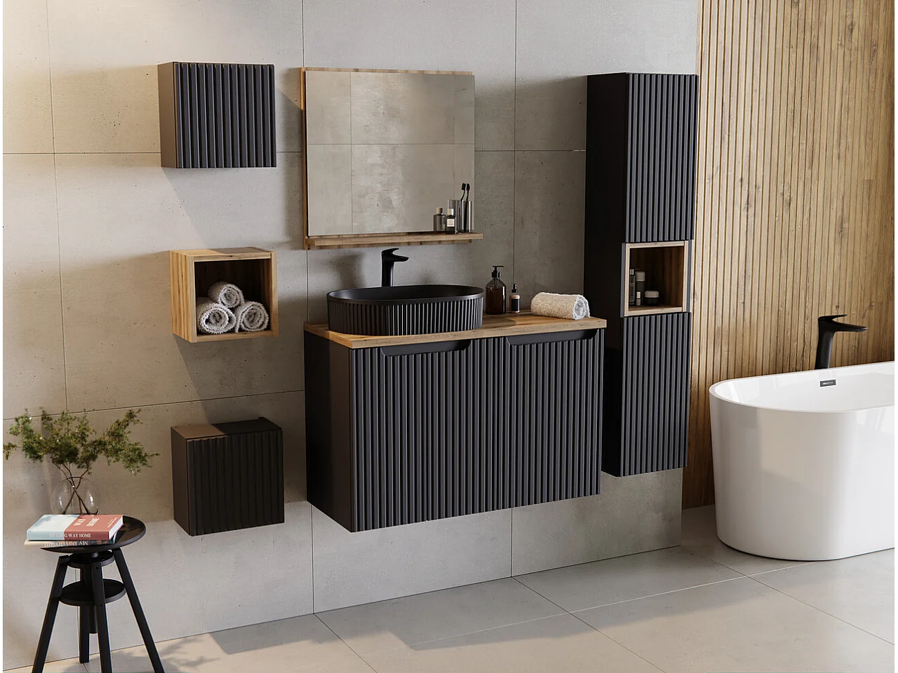 Meuble sous vasque suspendu 2 tiroirs NOVA – Meuble salle de bain moderne-Noir-Largeur 80 cm