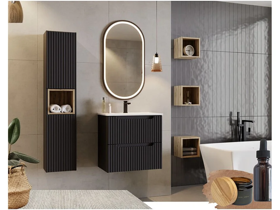 Meuble suspendu 2 tiroirs avec vasque ovale blanche NOVA-Noir-Largeur 60 cm